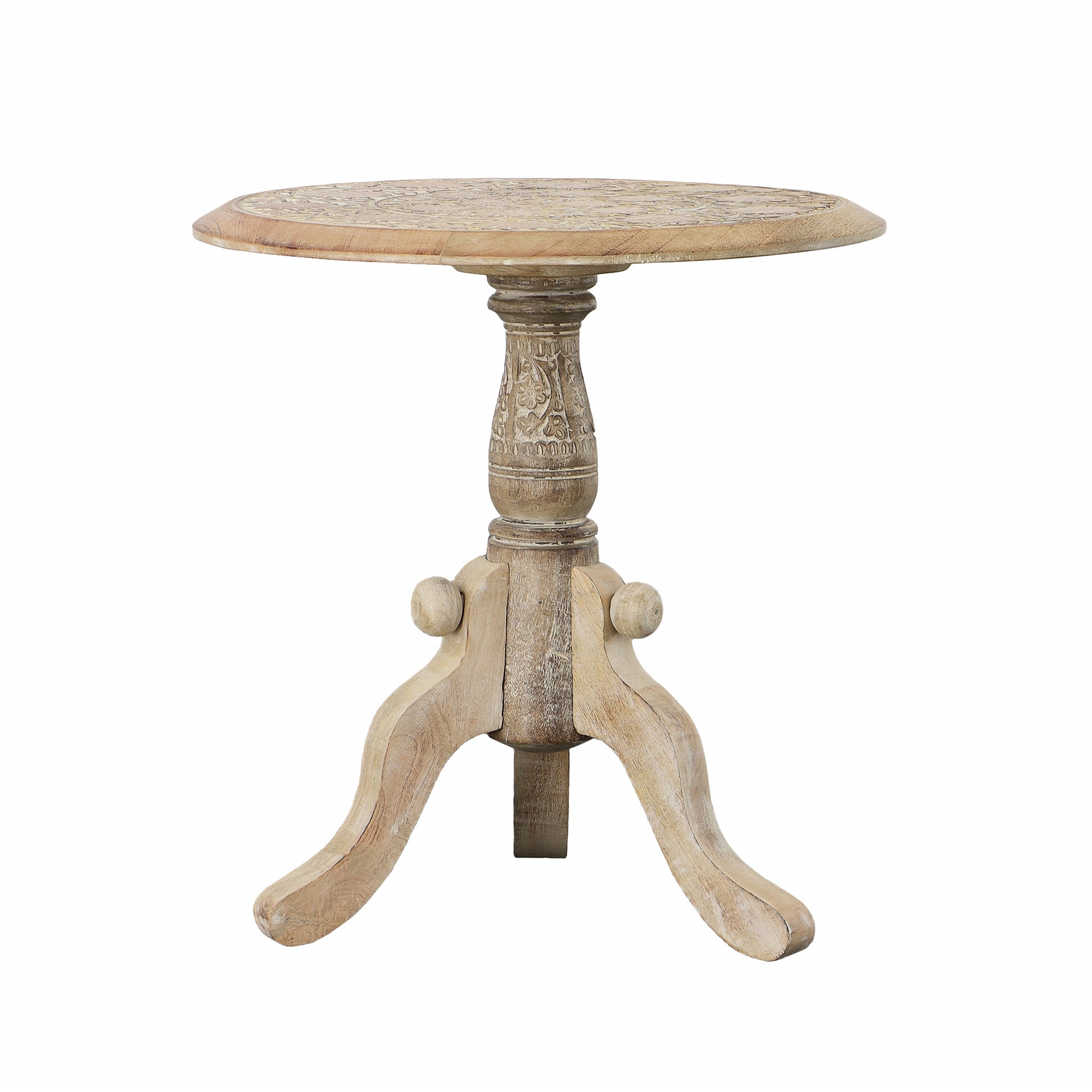 Intricately Carved Round Top Mango Wood Side End Table With Pedestal Base, Brown And White Brown Solid Wood