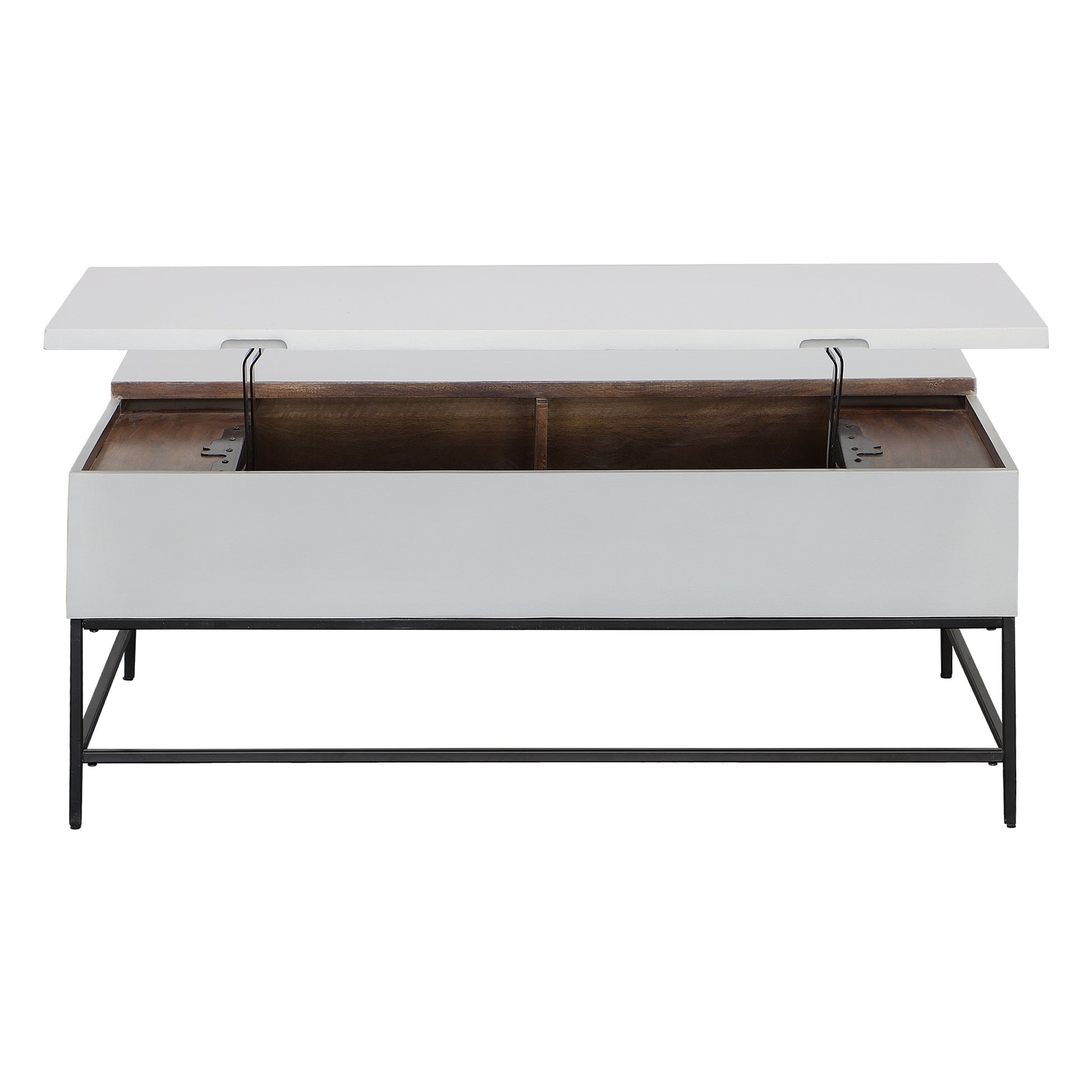 45 Inch Rectangular Mango Wood Coffee Table, Lift Top Storage, Iron Frame, White, Black White Solid Wood