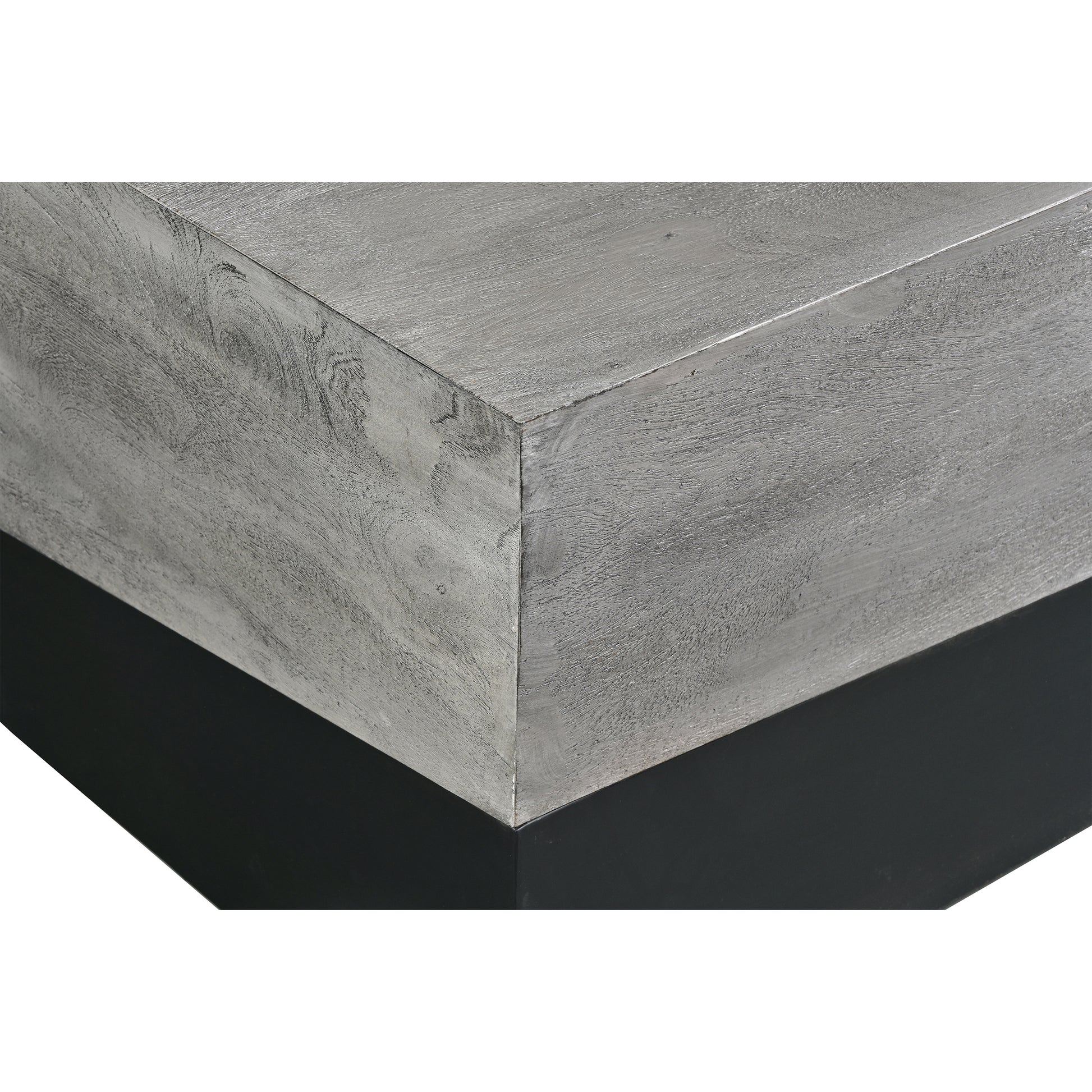 45 Inch Rectangular Mango Wood Coffee Table, Iron Base, Washed White And Black Gray Solid Wood