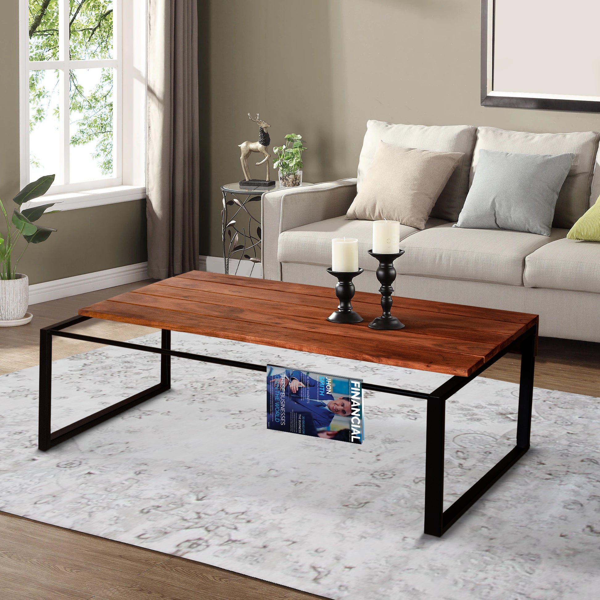 41.7 Inch Rectangular Coffee Table With Plank Style Top, Metal Frame, Brown And Black Brown Solid Wood