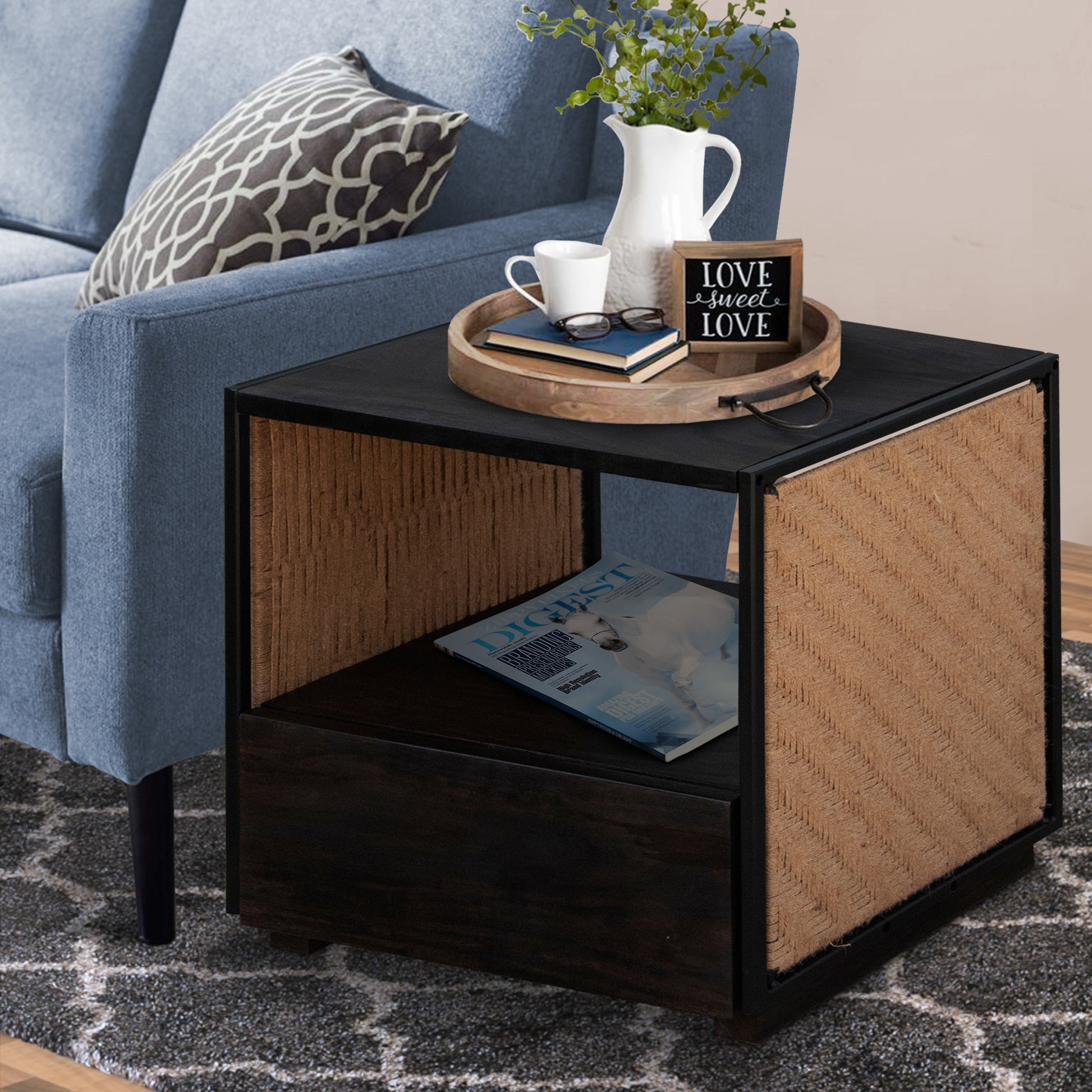 21 Inch Handcrafted Acacia Wood Side Table Nightstand, Woven Jute Side Panels, Brown, Black Black Solid Wood