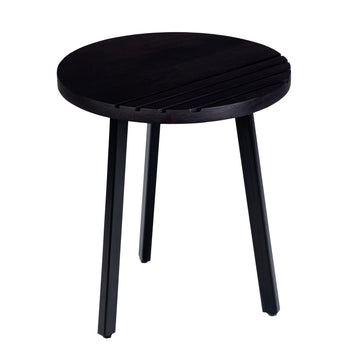 18 Inch Round Mango Wood Side End Table, Grooved Design, Metal Legs, Black Black Solid Wood