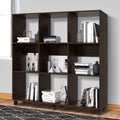 49 Inch Handcrafted Classic Wood Bookcase, 9 Open Compartments, Caster Wheels, Espresso Brown Brown Solid Wood