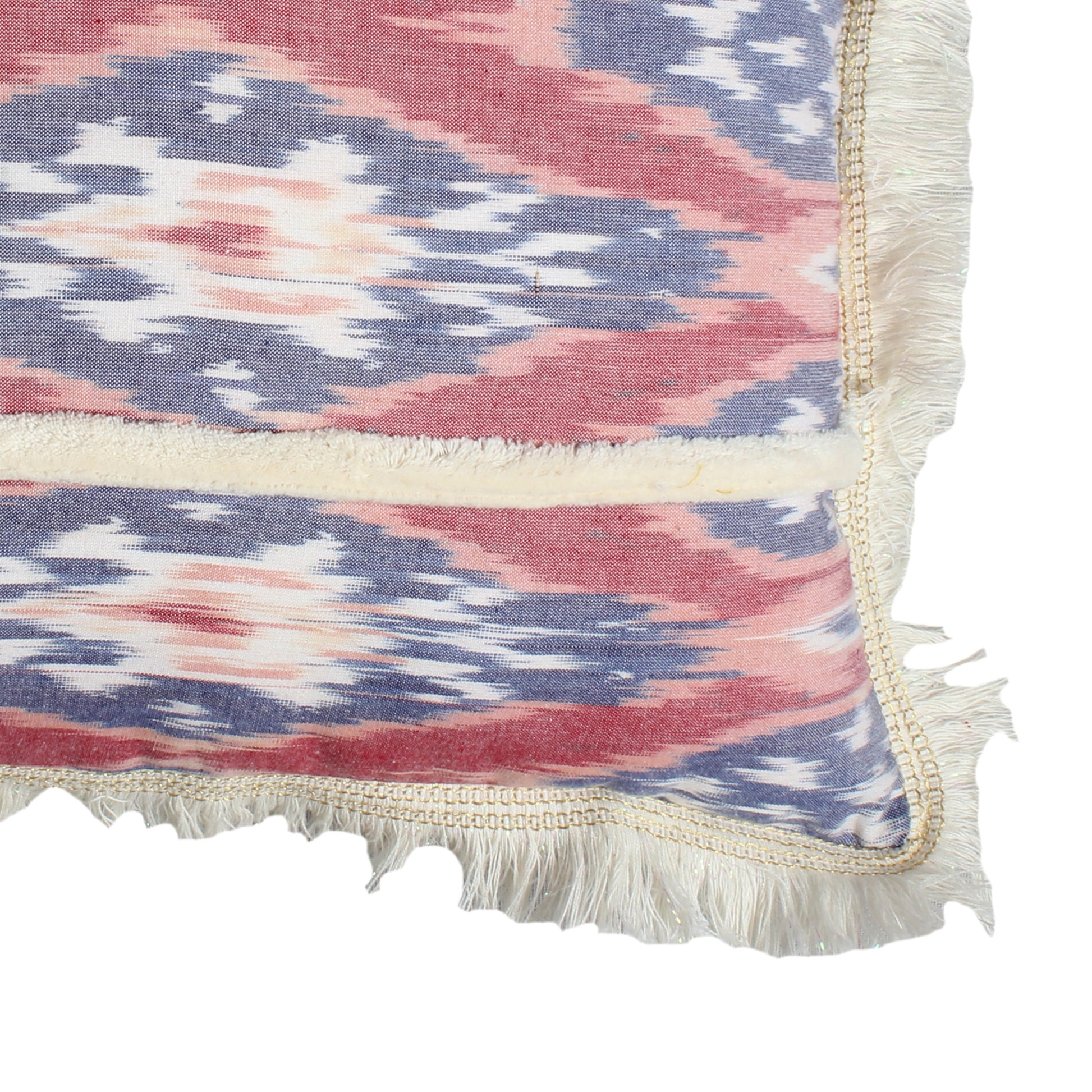 18 X 18 Handcrafted Square Cotton Accent Throw Pillow, Floral Ikat Dyed Pattern, Fringe Accent, Multicolor Red Cotton