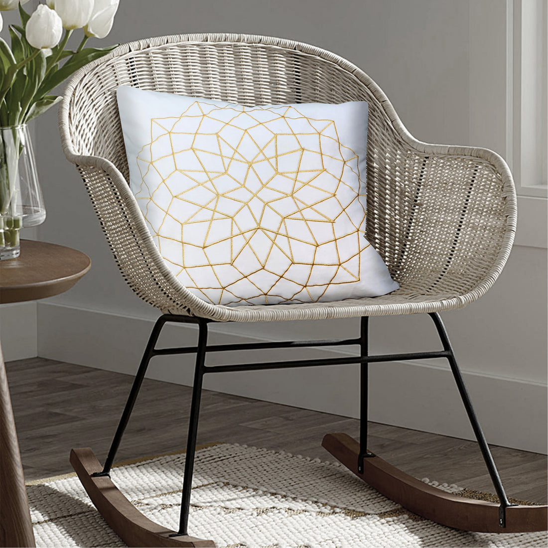 Hugo 20 X 20 Square Accent Throw Pillow, Embroidered Geometric Abstract Pattern, With Filler, White, Gold White Cotton