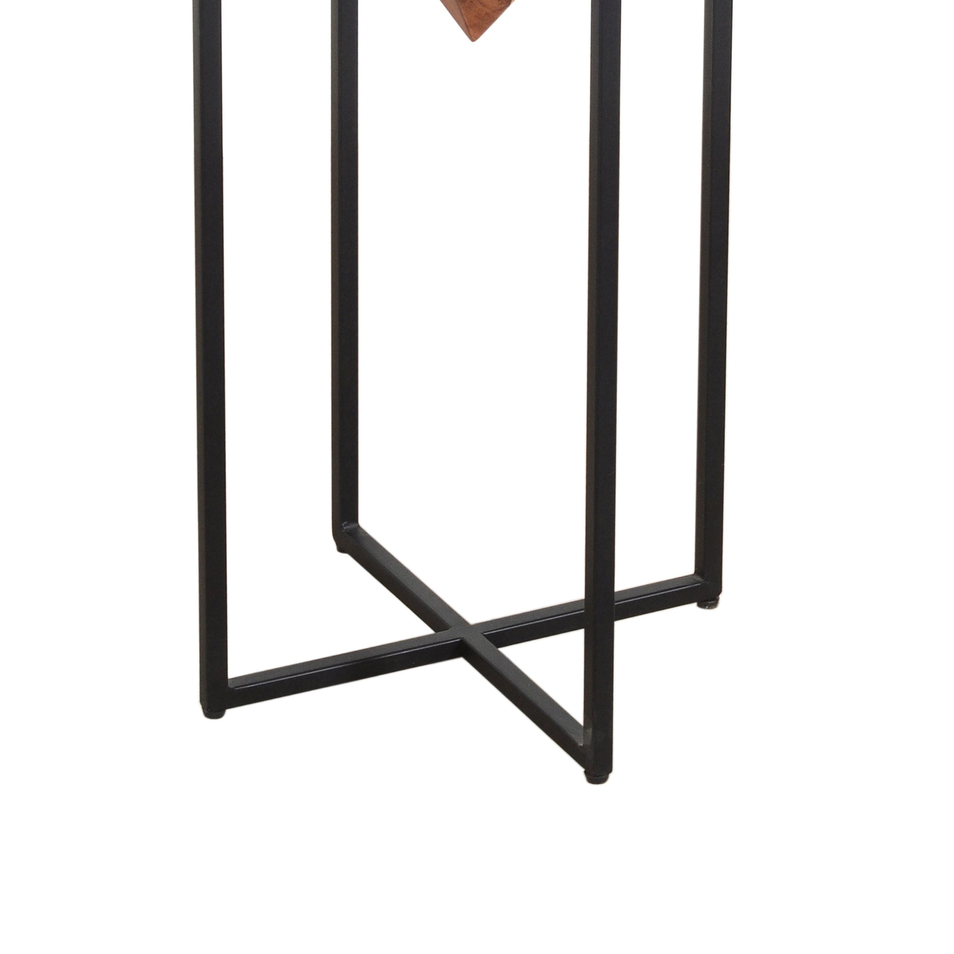 30 Inch Pyramid Shape Wooden Side Table With Cross Metal Base, Brown And Black Brown Solid Wood