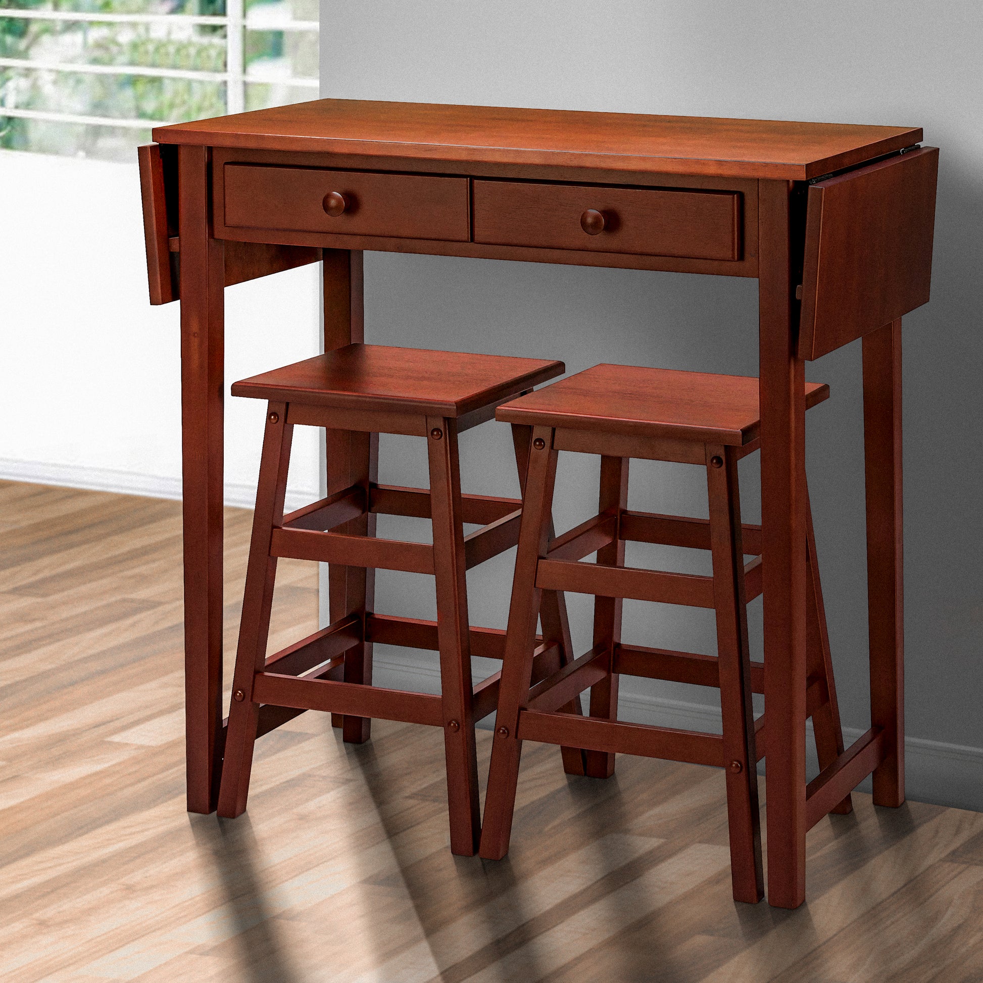 3 Piece Handcrafted Kitchen Island Breakfast Table Set, 2 Drawers, Rubberwood, Stools, Walnut Brown Brown Solid Wood