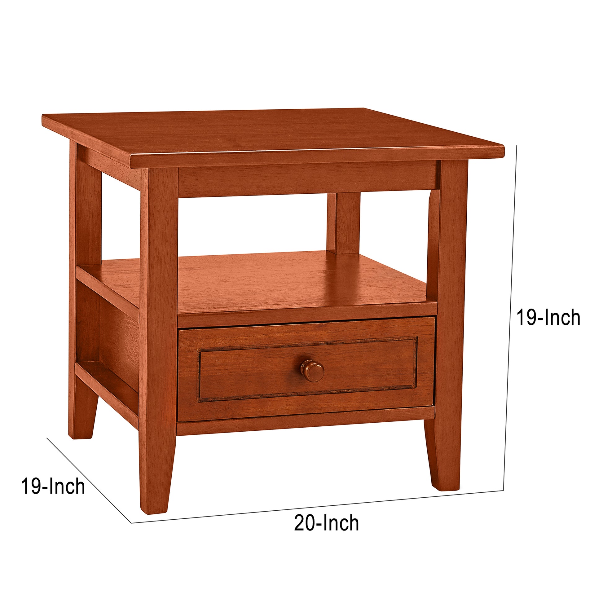 20 Inch Handcrafted Rubberwood Side End Table, 1 Shelf, Rectangular, Honey Brown Brown Solid Wood