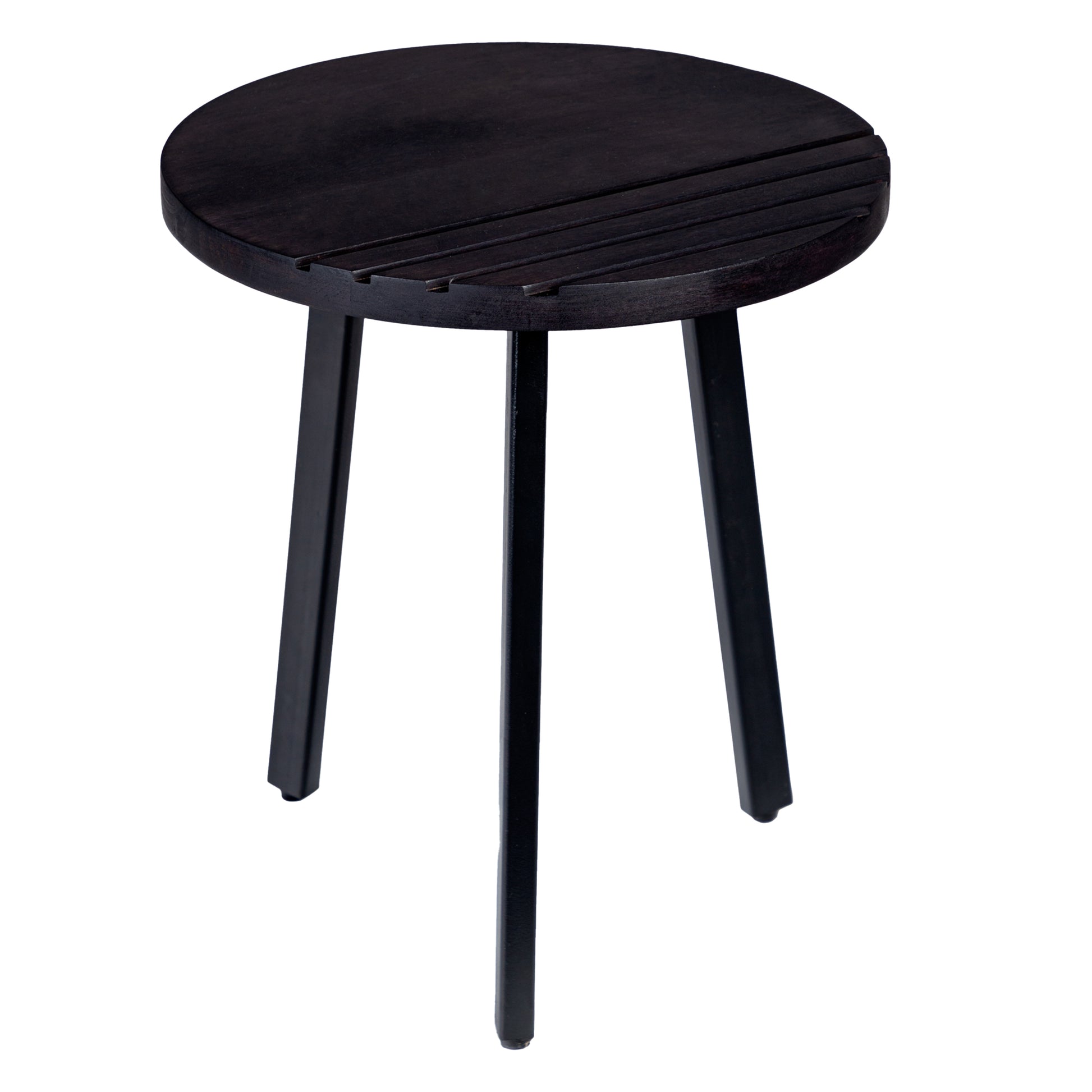 18 Inch Round Mango Wood Side End Table, Grooved Design, Metal Legs, Black Black Solid Wood