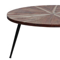 31 Inch Round Mango Wood Coffee Table, Sunburst Design, Tapered Iron Legs, Brown, Black Brown Solid Wood