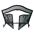 43 Inches 2 Door Iron Fireplace Screen, Mesh Design, Scrollwork, Black Black Iron