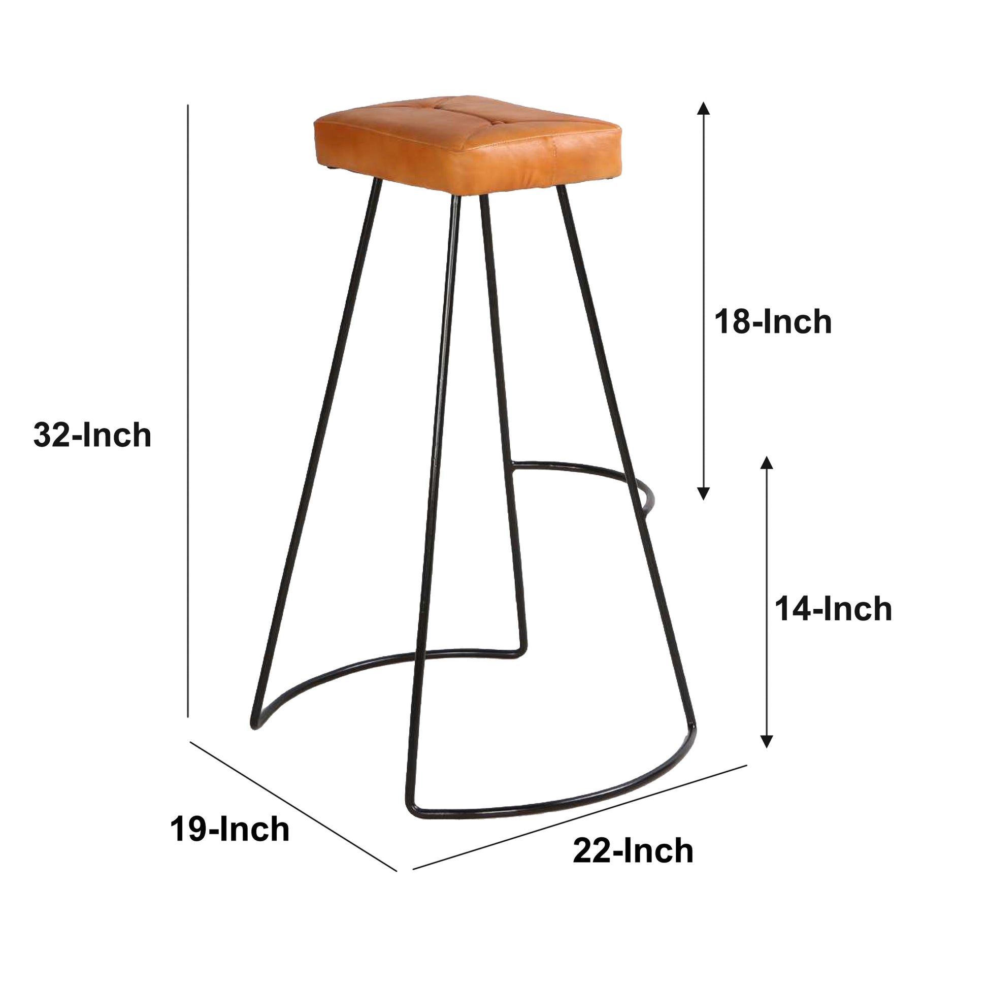 32 Inch Modern Bar Stool, Genuine Leather Seat, Metal Frame, Button Tufted, Tan Brown, Black Brown Iron