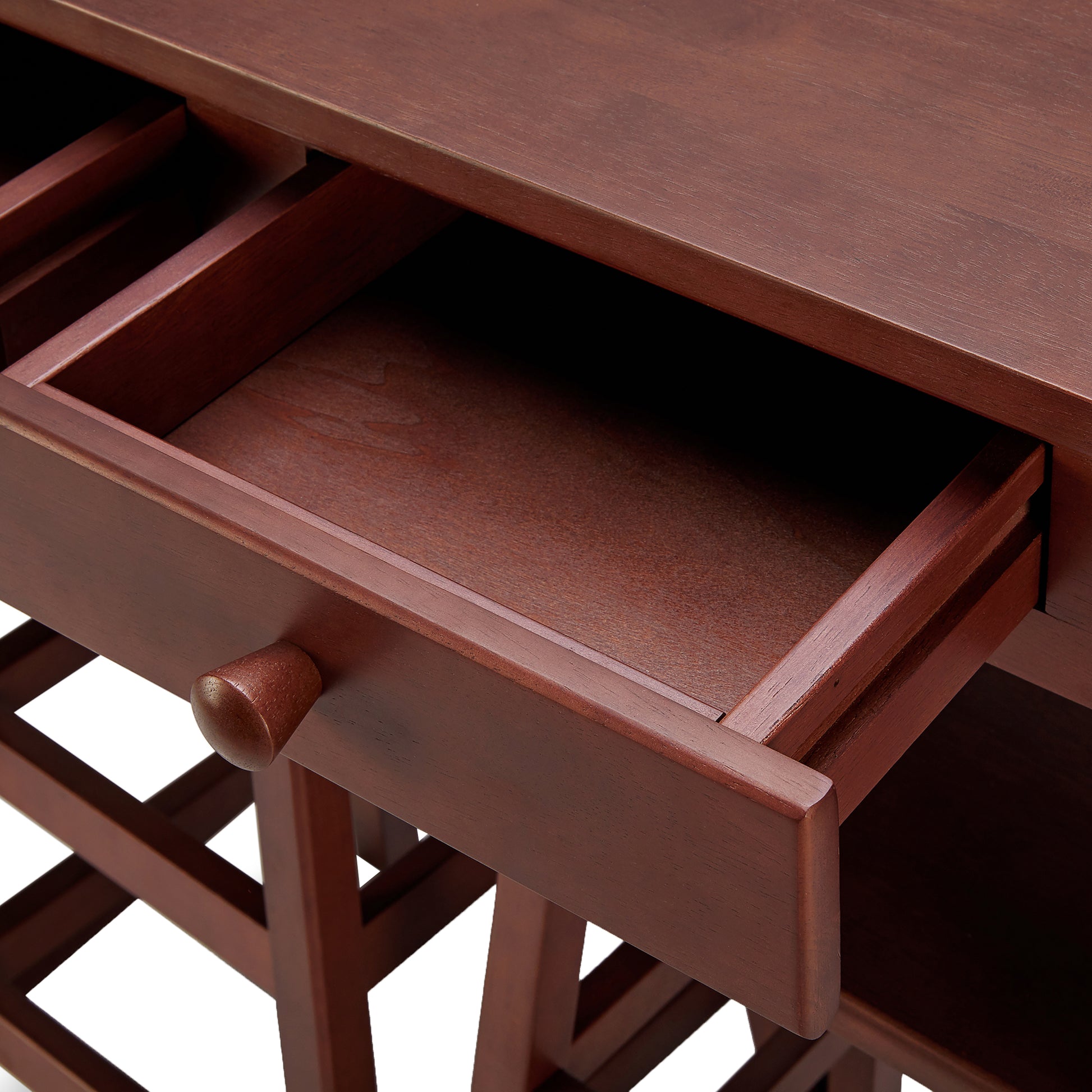 3 Piece Handcrafted Kitchen Island Breakfast Table Set, 2 Drawers, Rubberwood, Stools, Walnut Brown Brown Solid Wood