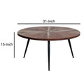 31 Inch Round Mango Wood Coffee Table, Sunburst Design, Tapered Iron Legs, Brown, Black Brown Solid Wood