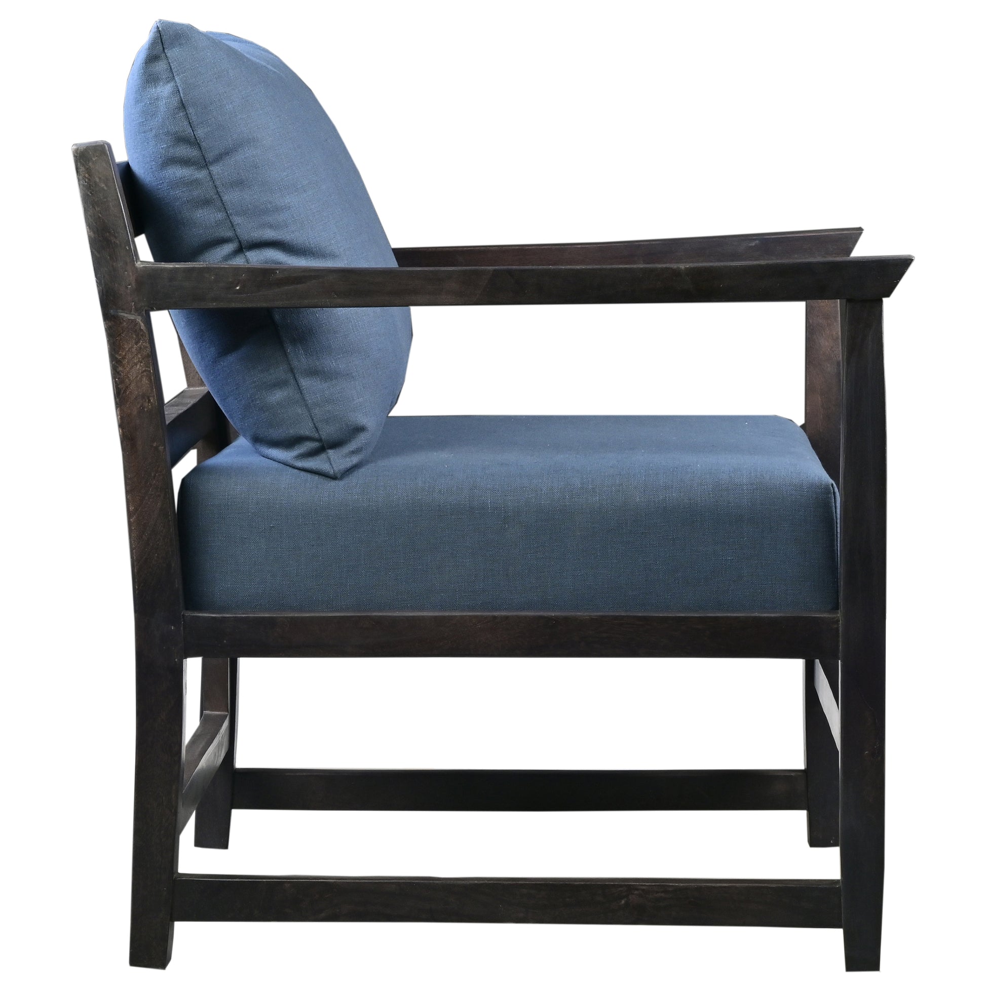 Malibu 27 Inch Handcrafted Mango Wood Accent Chair, Fabric, Pillow Back, Open Frame, Blue, Black Blue Solid Wood