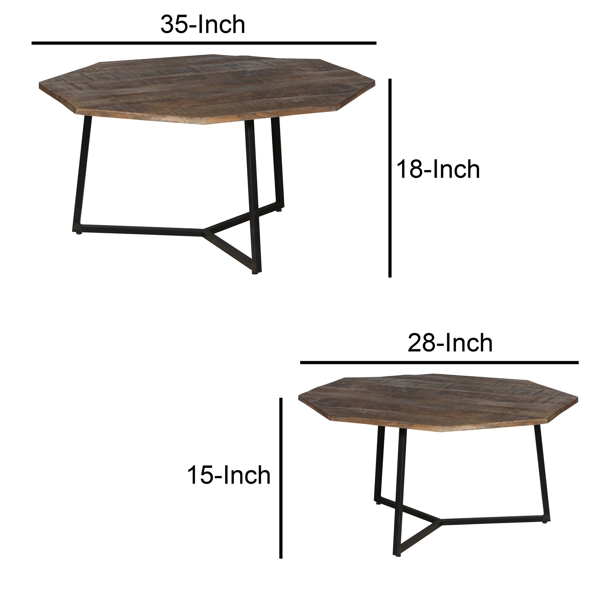 35, 28 Inch 2 Piece Nesting Coffee Table Set, Octagon Top, Mango Wood, Brown And Black Brown Solid Wood