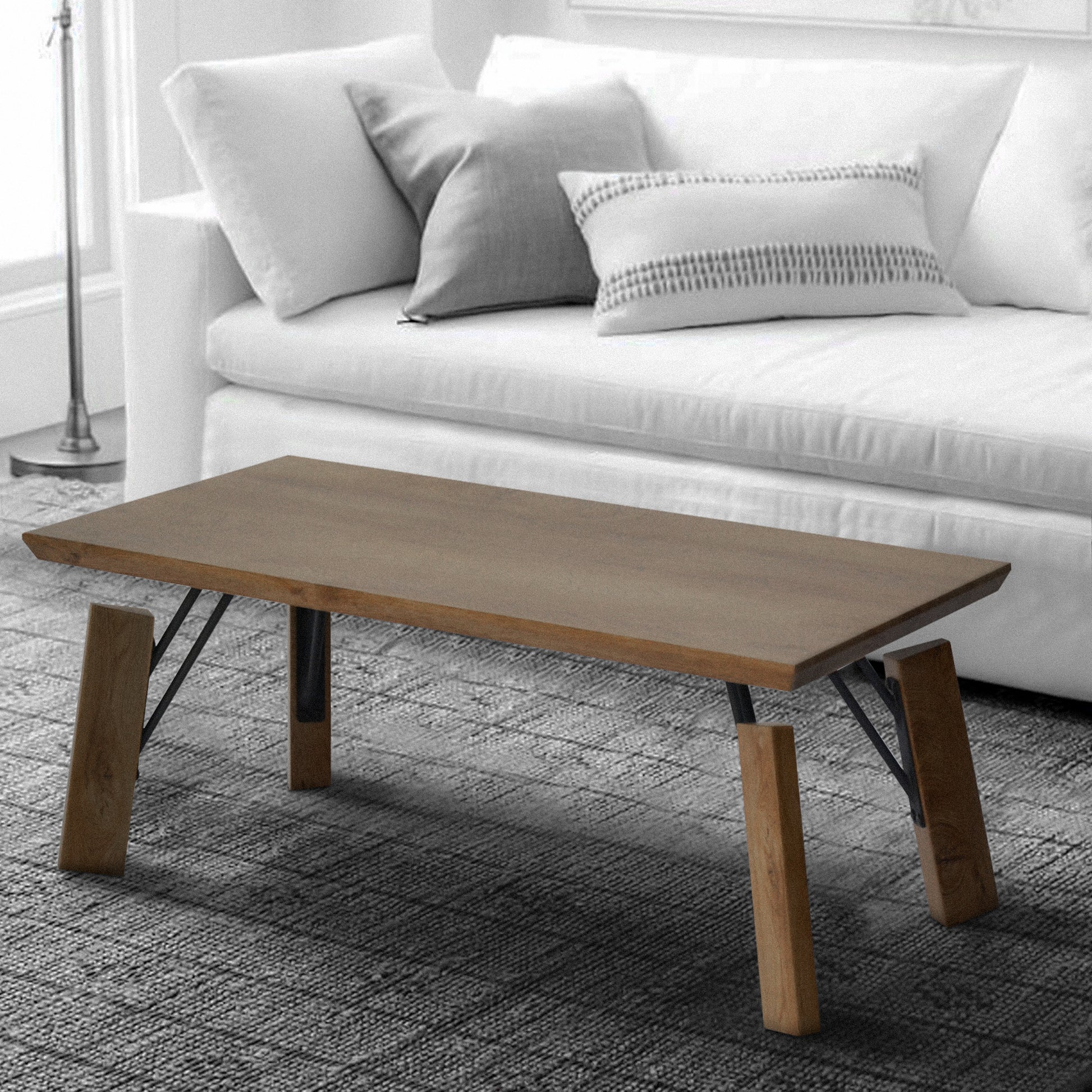 Rectangular Wooden Coffee Table With Block Legs, Natural Brown Brown Mdf