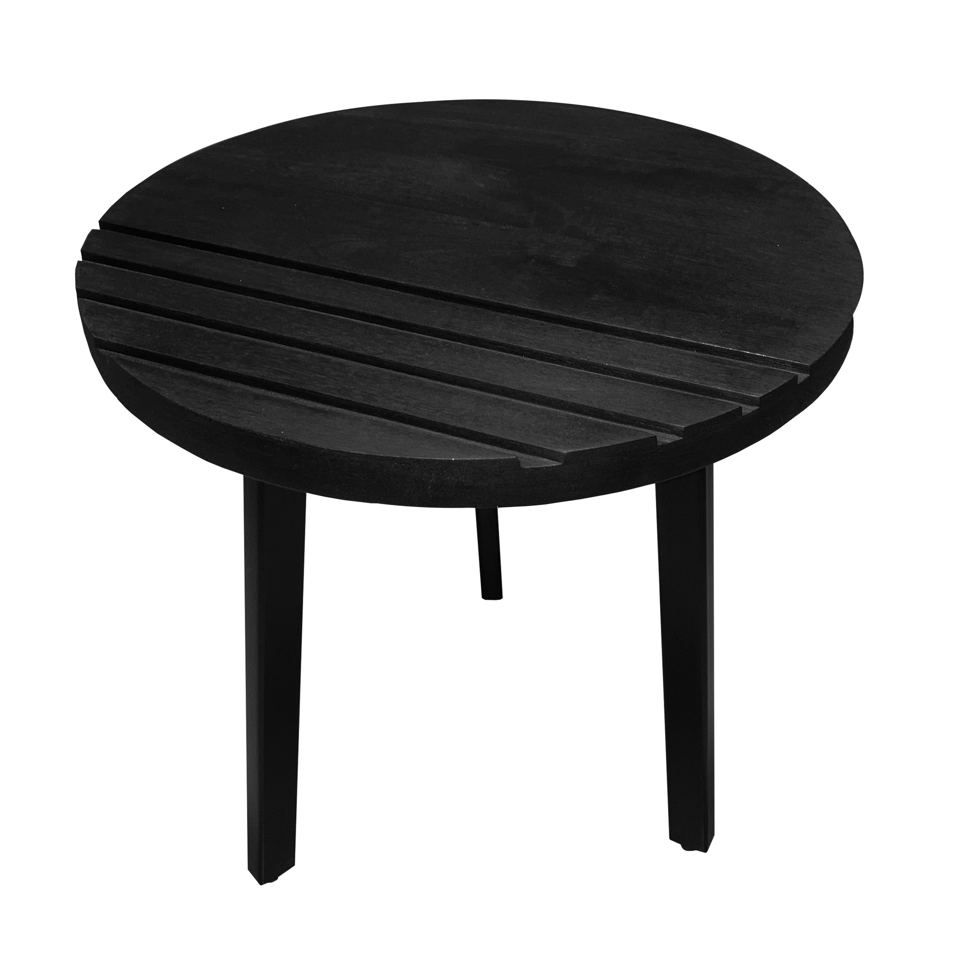 18 Inch Round Mango Wood Side End Table, Grooved Design, Metal Legs, Black Black Solid Wood