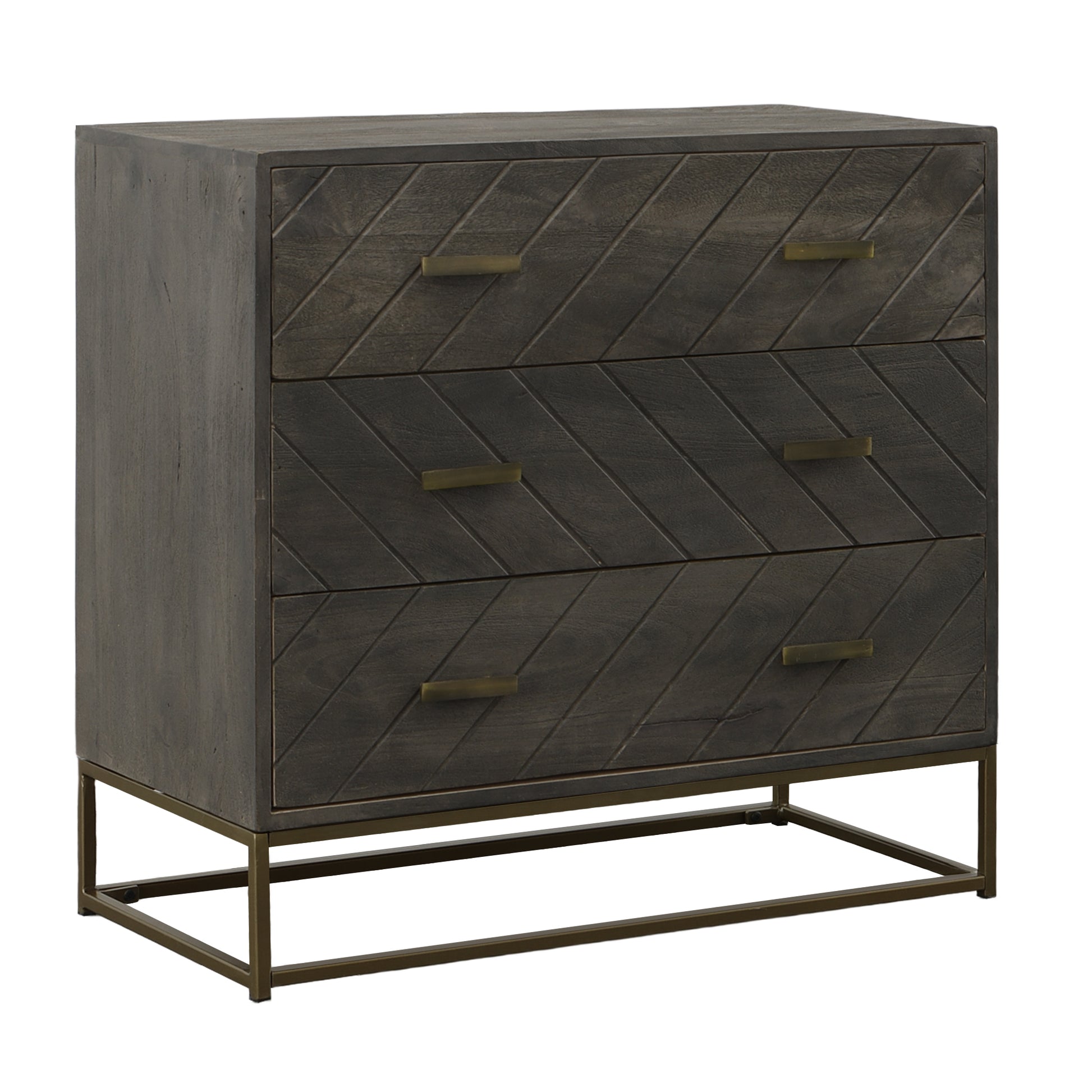 Roy 32 Inch 3 Drawer Mango Wood Dresser Chest, Rustic Bronze Metal Frame, Gray Gray Solid Wood