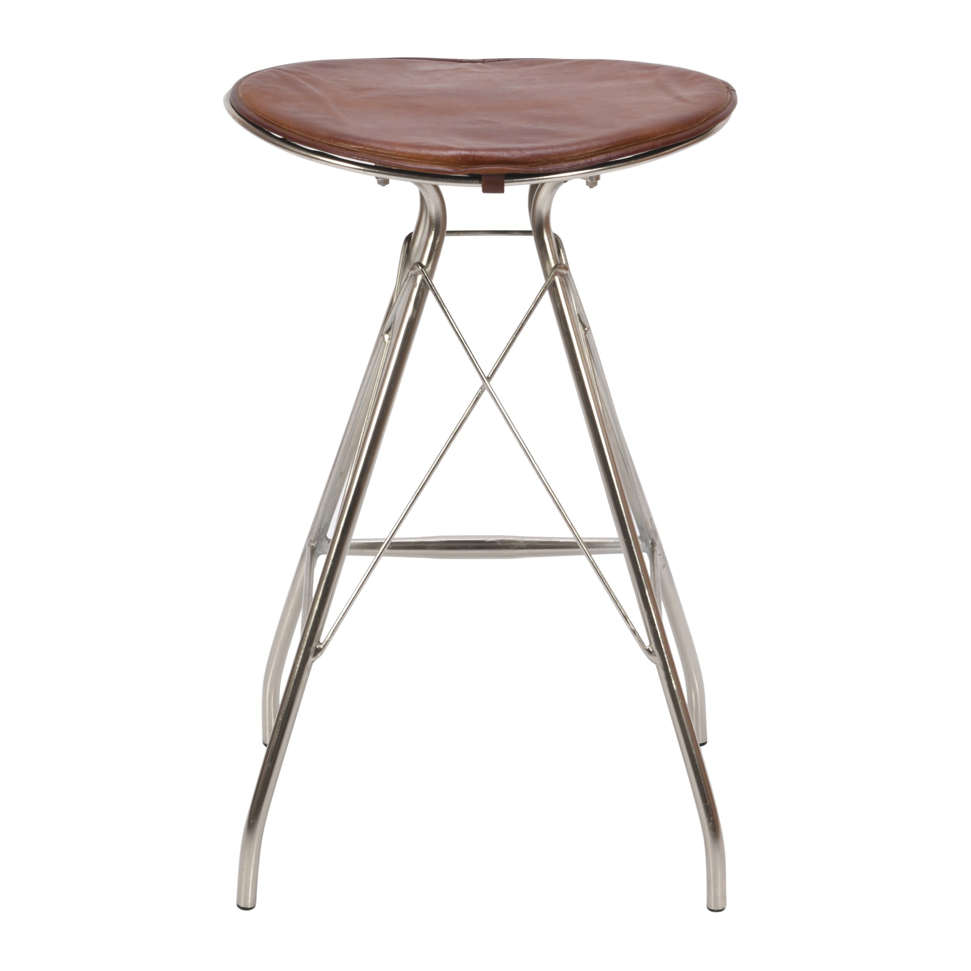 30 Inch Metal Frame Bar Stool, Round Genuine Leather Seat, Dark Brown, Silver Silver Iron