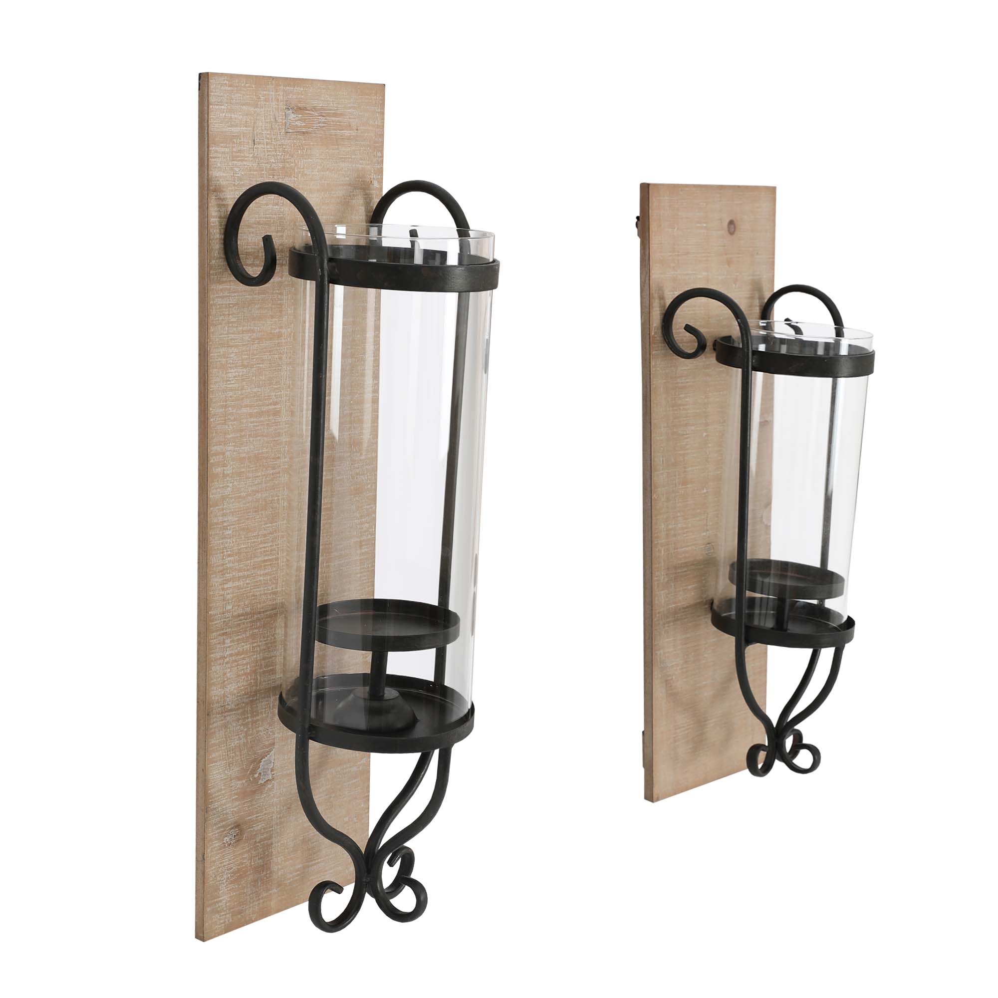 21 Inch Industrial Wall Mount Wood Candle Holder With Glass Hurrican, Set Of 2, Black Brown Solid Wood