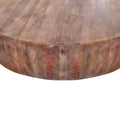 Handcarved Drum Shape Round Top Mango Wood Distressed Wooden Coffee Table, Brown Brown Solid Wood