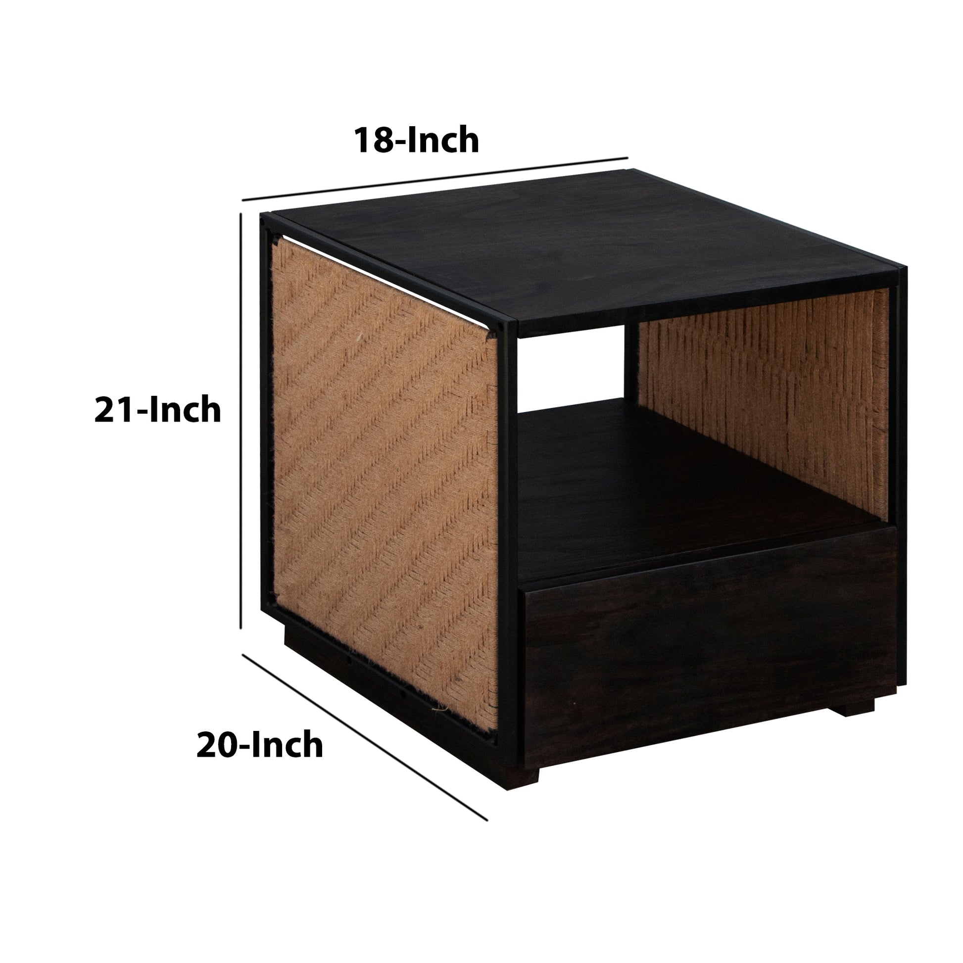 21 Inch Handcrafted Acacia Wood Side Table Nightstand, Woven Jute Side Panels, Brown, Black Black Solid Wood