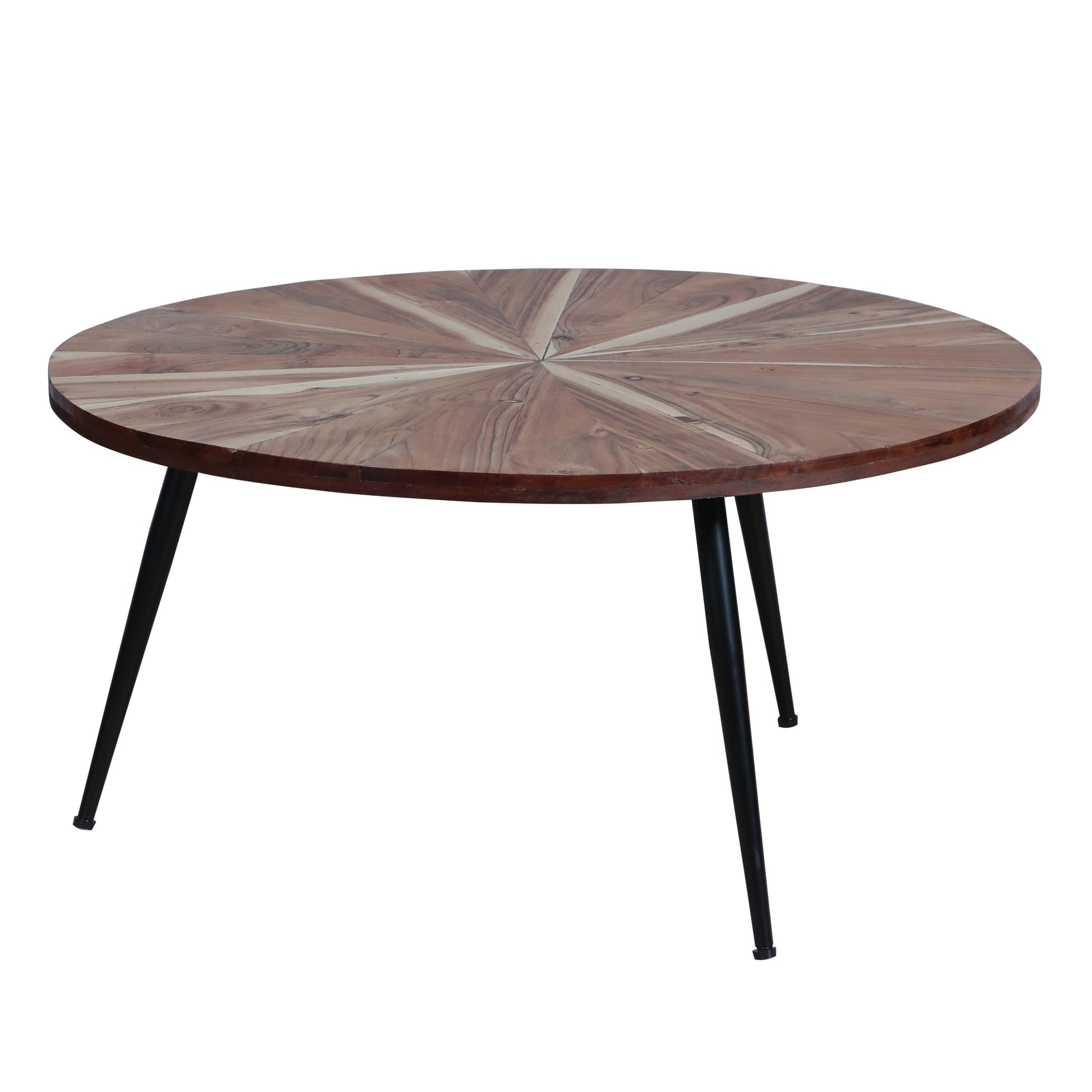 31 Inch Round Mango Wood Coffee Table, Sunburst Design, Tapered Iron Legs, Brown, Black Brown Solid Wood