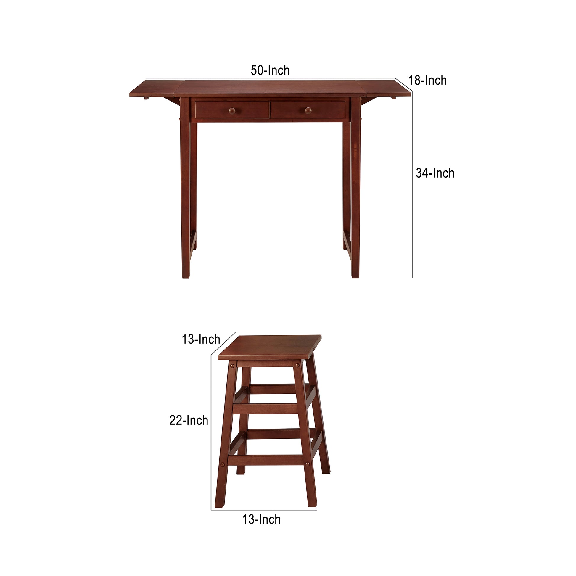 3 Piece Handcrafted Kitchen Island Breakfast Table Set, 2 Drawers, Rubberwood, Stools, Walnut Brown Brown Solid Wood