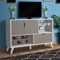 54 Inch 2 Door Wine Bar Cabinet Tv Entertainment Console, Wine Rack, 1 Drawer, White, Gray White Solid Wood