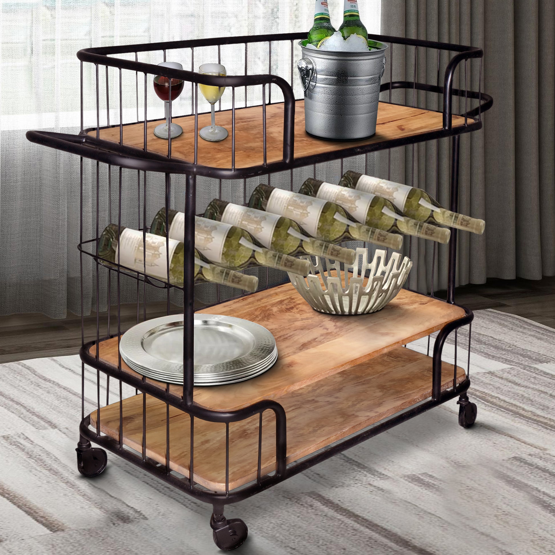 Metal Frame Bar Cart With Wooden Top And 2 Shelves, Black And Brown Brown Solid Wood