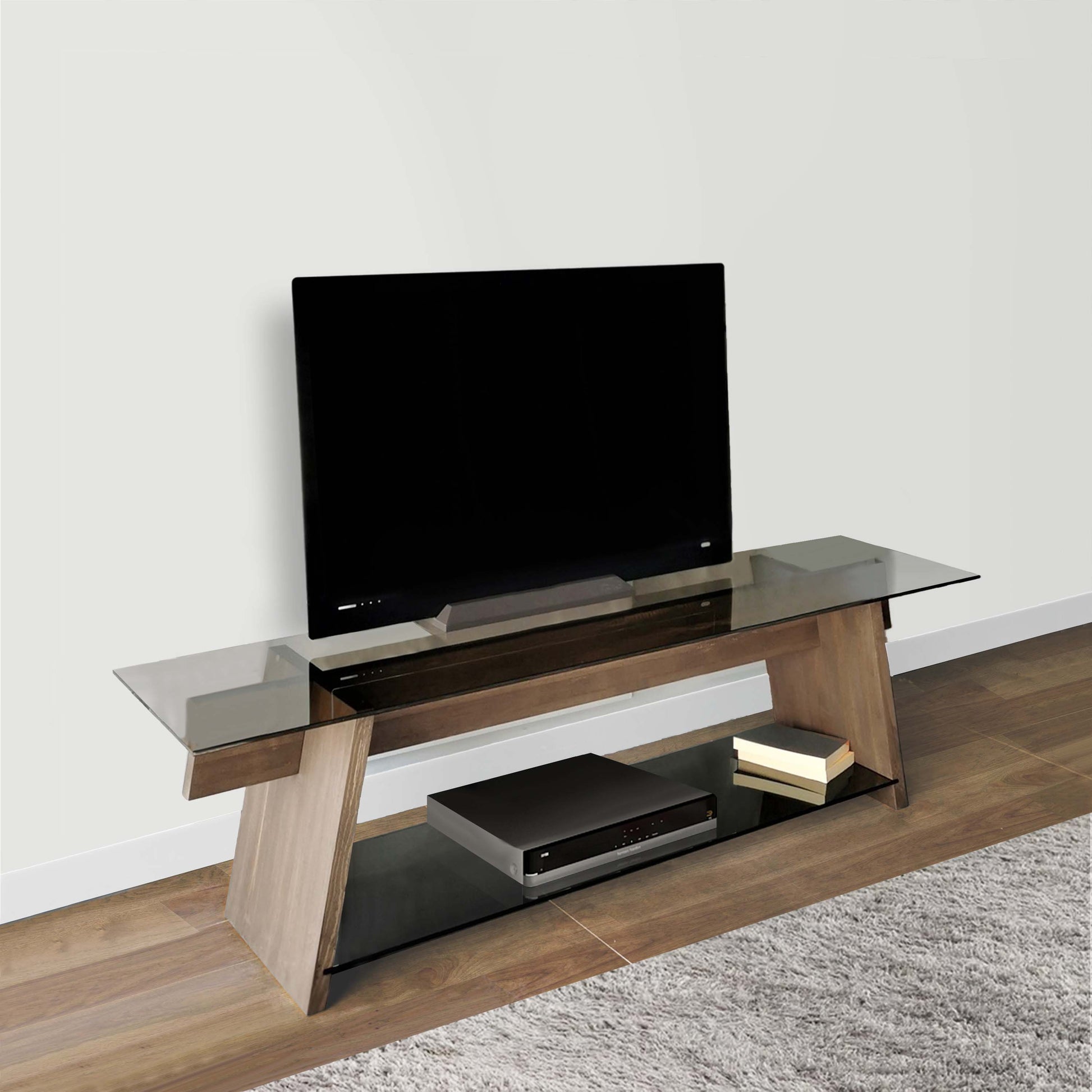 62 Inch Modern Tempered Glass Rectangular Top Tv Console Stand, Wood Frame, Glass Bottom Shelf, Black, Brown Brown Solid Wood