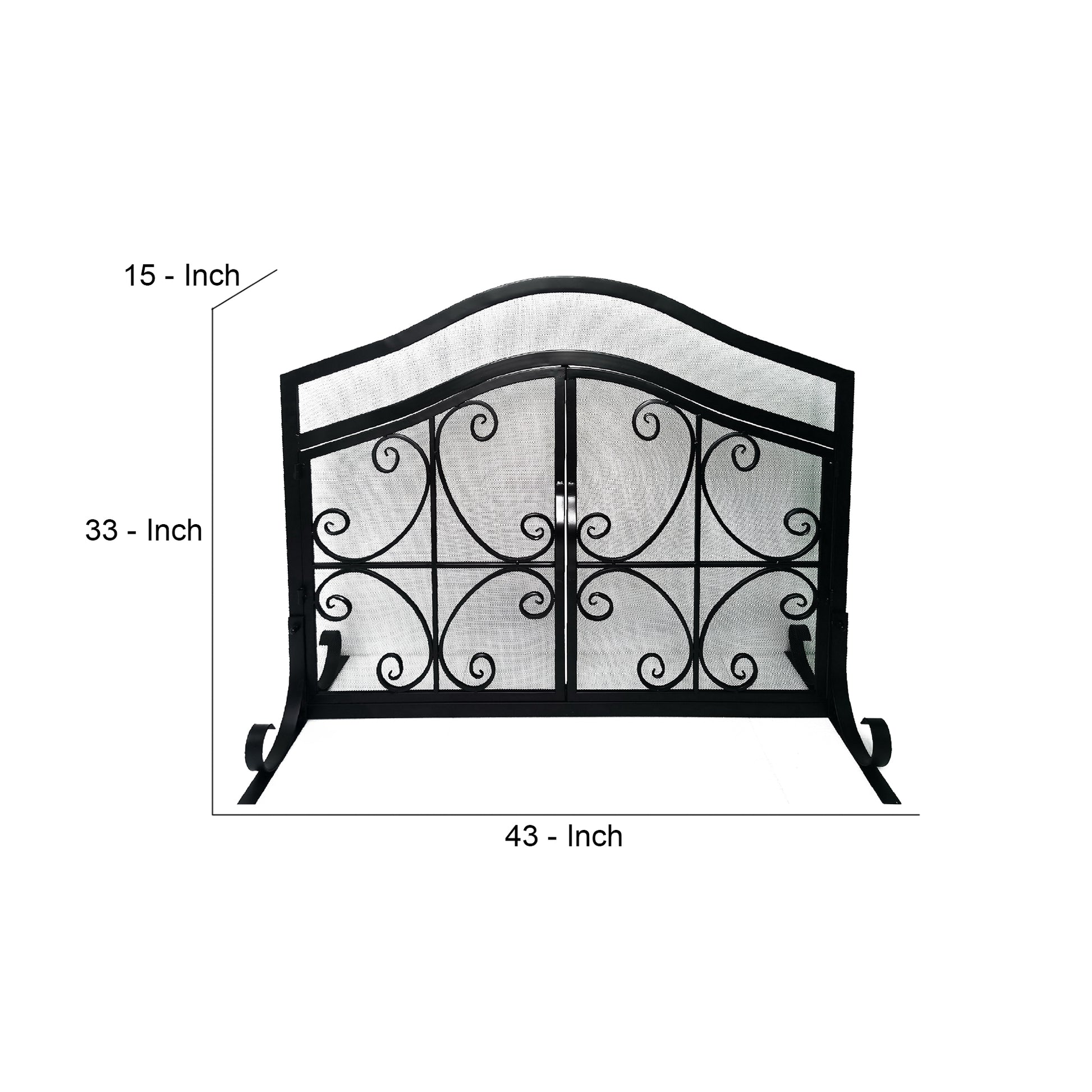 43 Inches 2 Door Iron Fireplace Screen, Mesh Design, Scrollwork, Black Black Iron