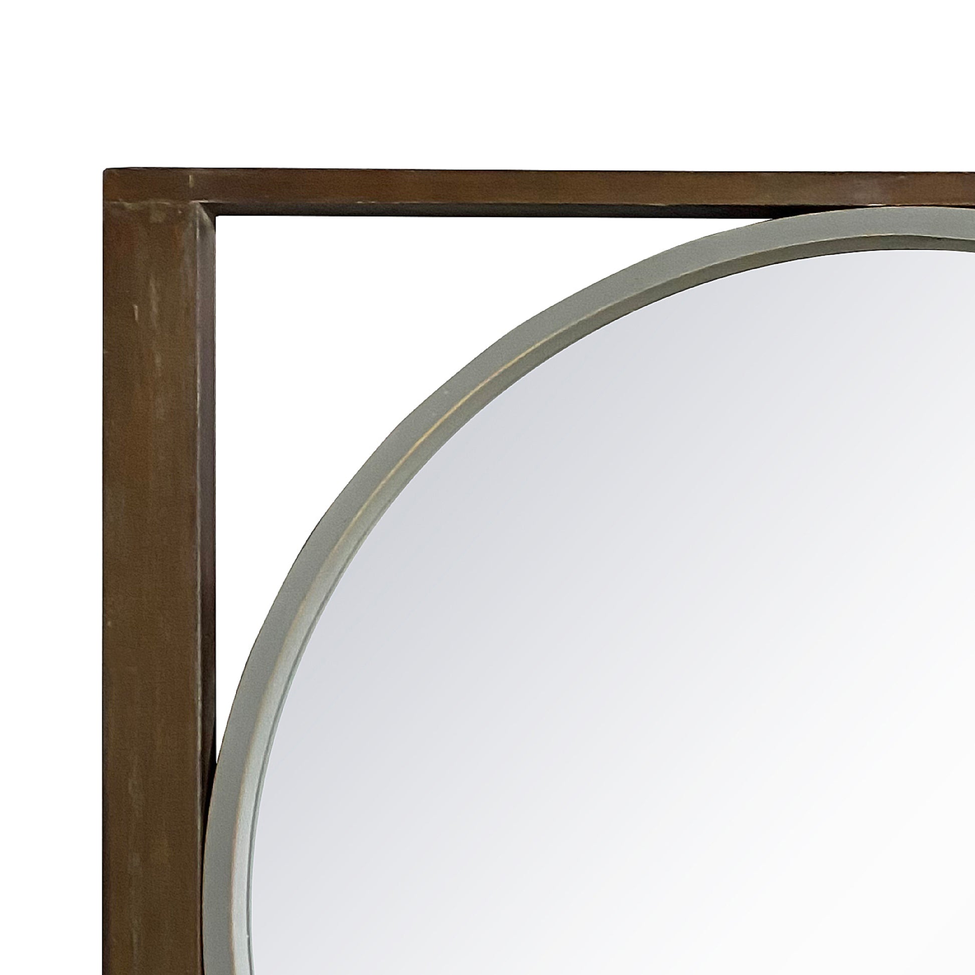 Round Wall Mirror With Rectangular Wooden Frame, Brown Brown Solid Wood