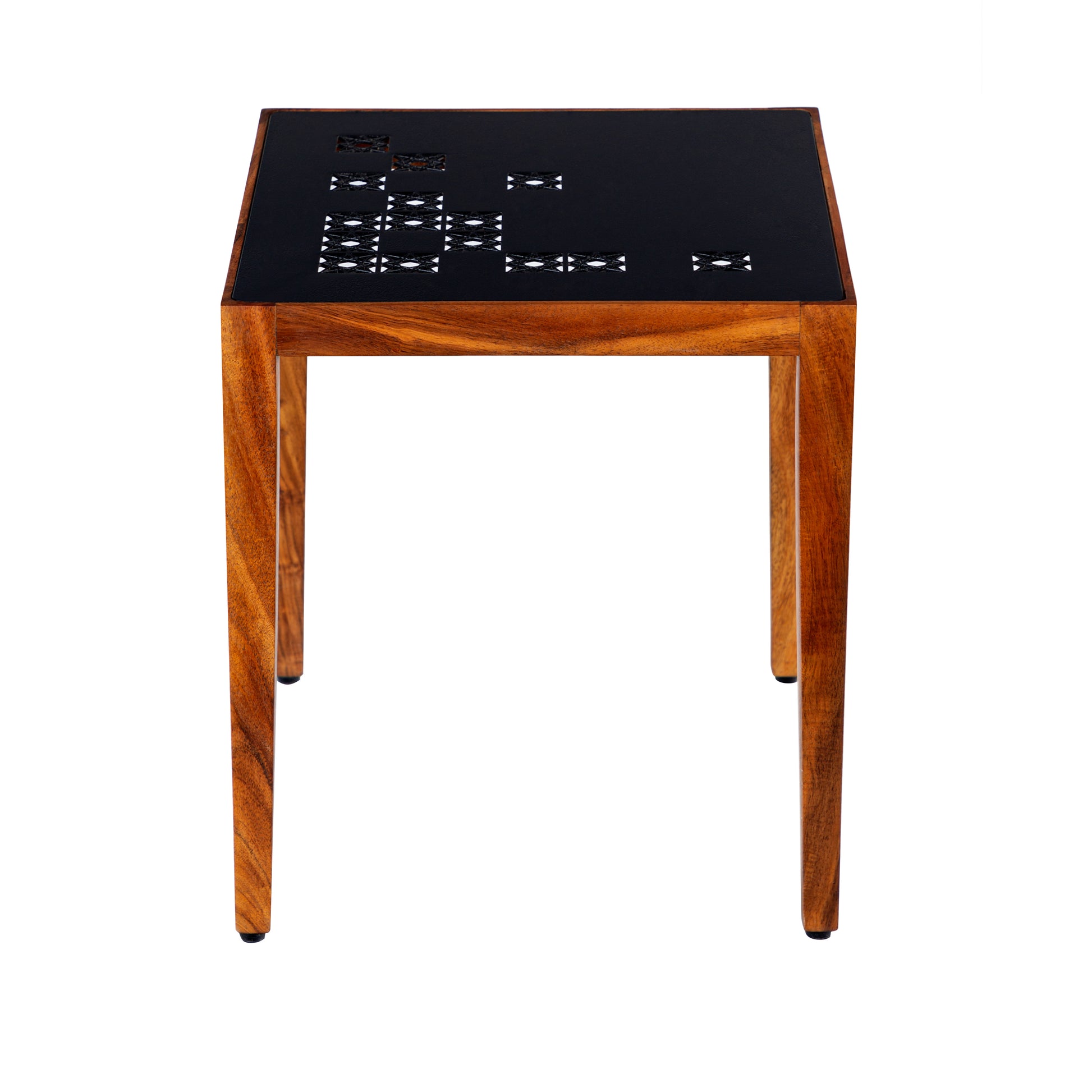 Alba 22 Inch 3 Piece Nesting Table Set, Laser Cut Metal, Black, Brown Black Solid Wood