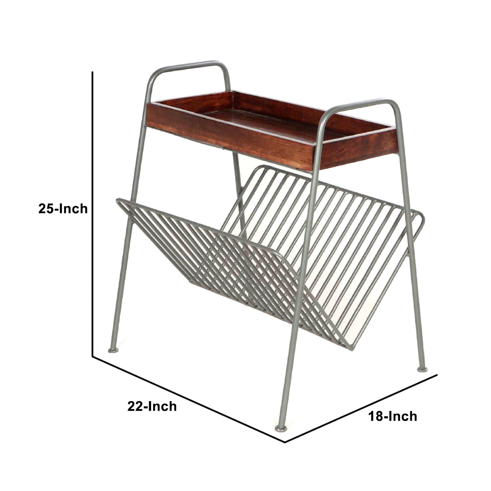 25 Inch Rectangular Metal Frame Side Table, Magazine Rack, Mango Wood Tray Top, Brown, Pewter Gray Gray Iron