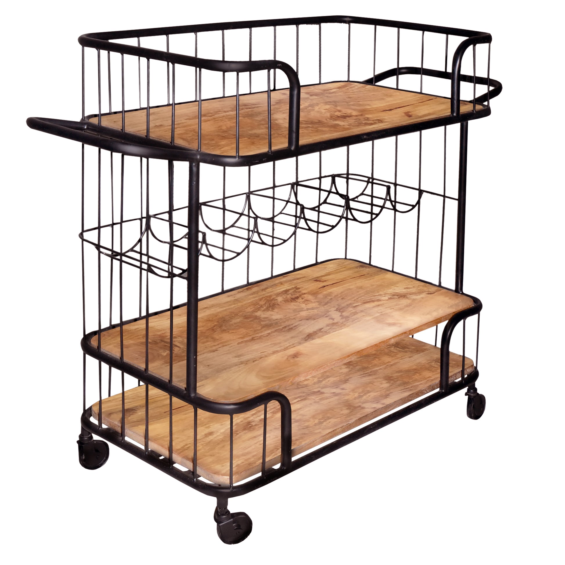 Metal Frame Bar Cart With Wooden Top And 2 Shelves, Black And Brown Brown Solid Wood