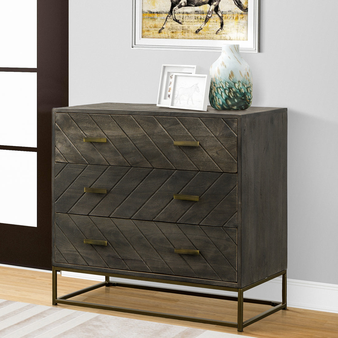 Roy 32 Inch 3 Drawer Mango Wood Dresser Chest, Rustic Bronze Metal Frame, Gray Gray Solid Wood