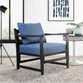 Malibu 27 Inch Handcrafted Mango Wood Accent Chair, Fabric, Pillow Back, Open Frame, Blue, Black Blue Solid Wood