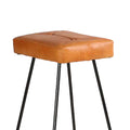 32 Inch Modern Bar Stool, Genuine Leather Seat, Metal Frame, Button Tufted, Tan Brown, Black Brown Iron