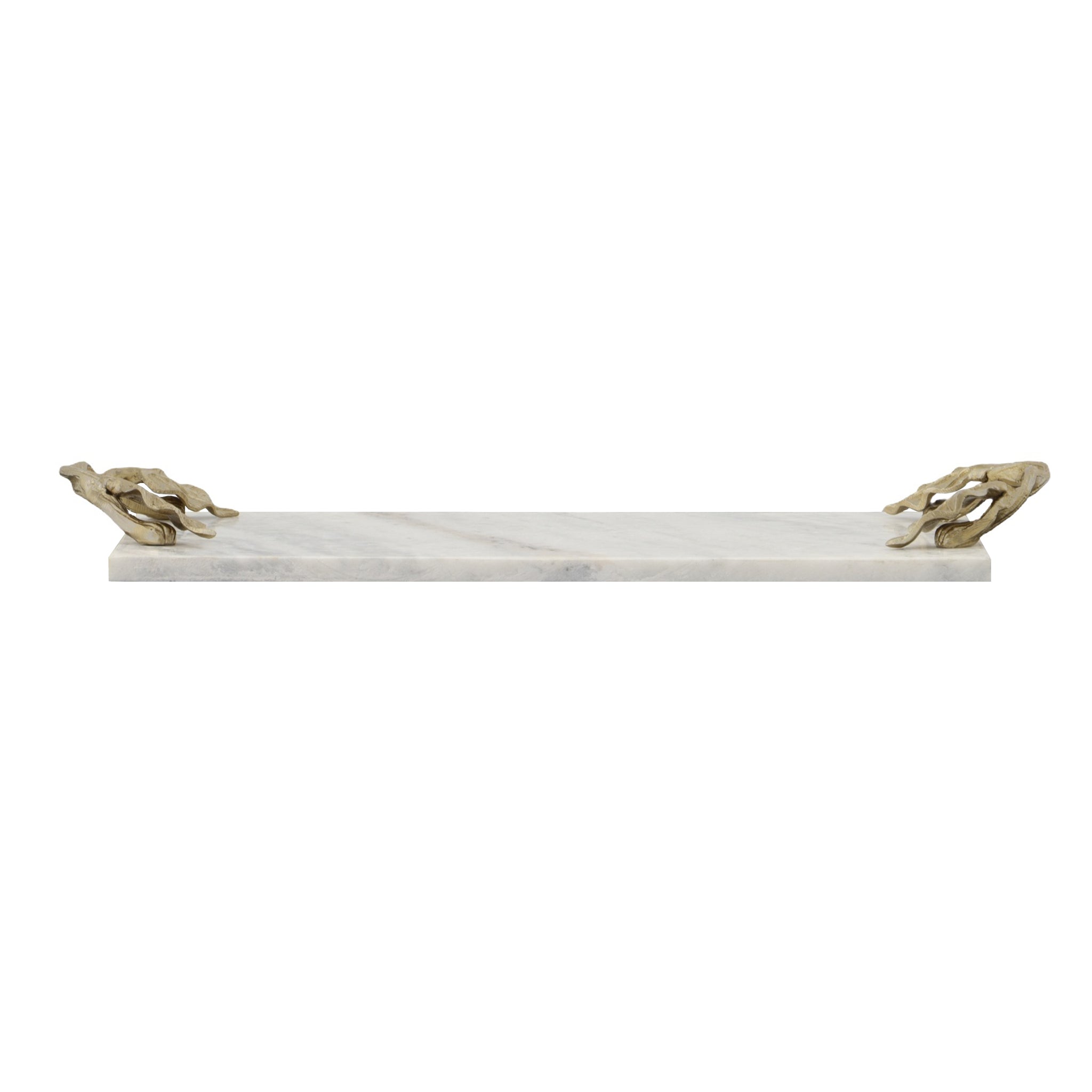 Decor Tray With Marble Frame And Carved Metal Handles, White And Gold White Marble