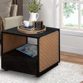 21 Inch Handcrafted Acacia Wood Side Table Nightstand, Woven Jute Side Panels, Brown, Black Black Solid Wood