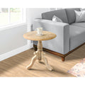 Intricately Carved Round Top Mango Wood Side End Table With Pedestal Base, Brown And White Brown Solid Wood