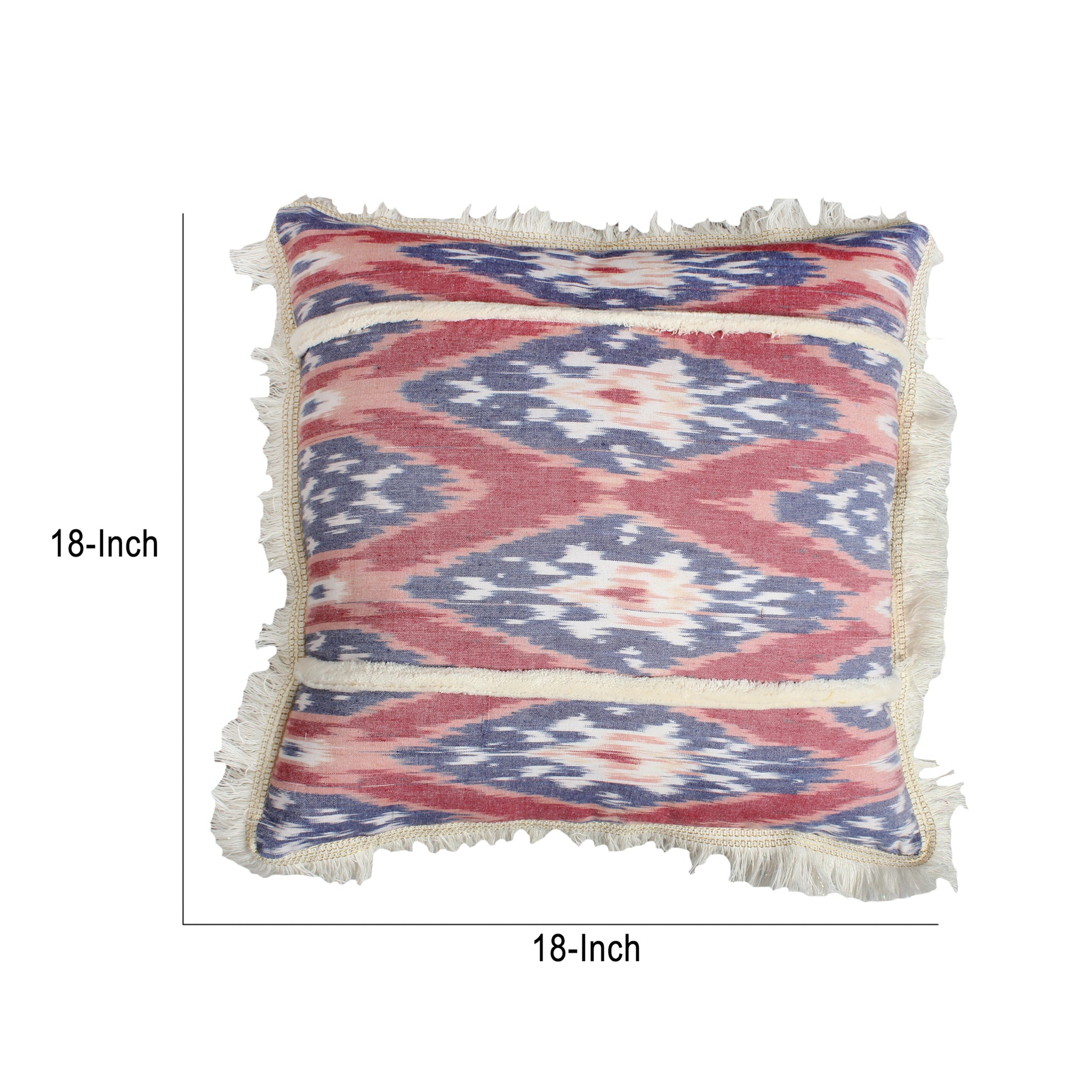 18 X 18 Handcrafted Square Cotton Accent Throw Pillow, Floral Ikat Dyed Pattern, Fringe Accent, Multicolor Red Cotton