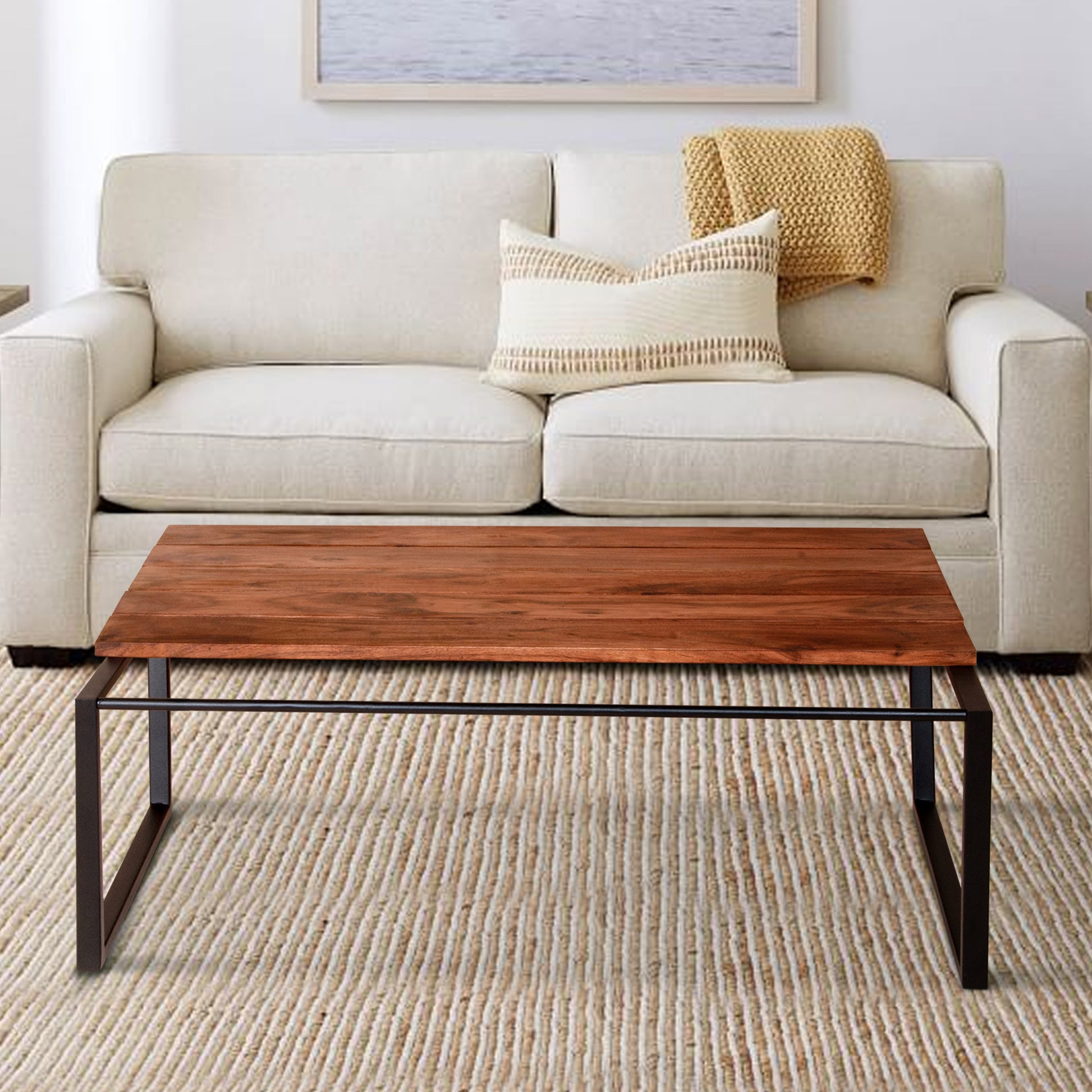 41.7 Inch Rectangular Coffee Table With Plank Style Top, Metal Frame, Brown And Black Brown Solid Wood