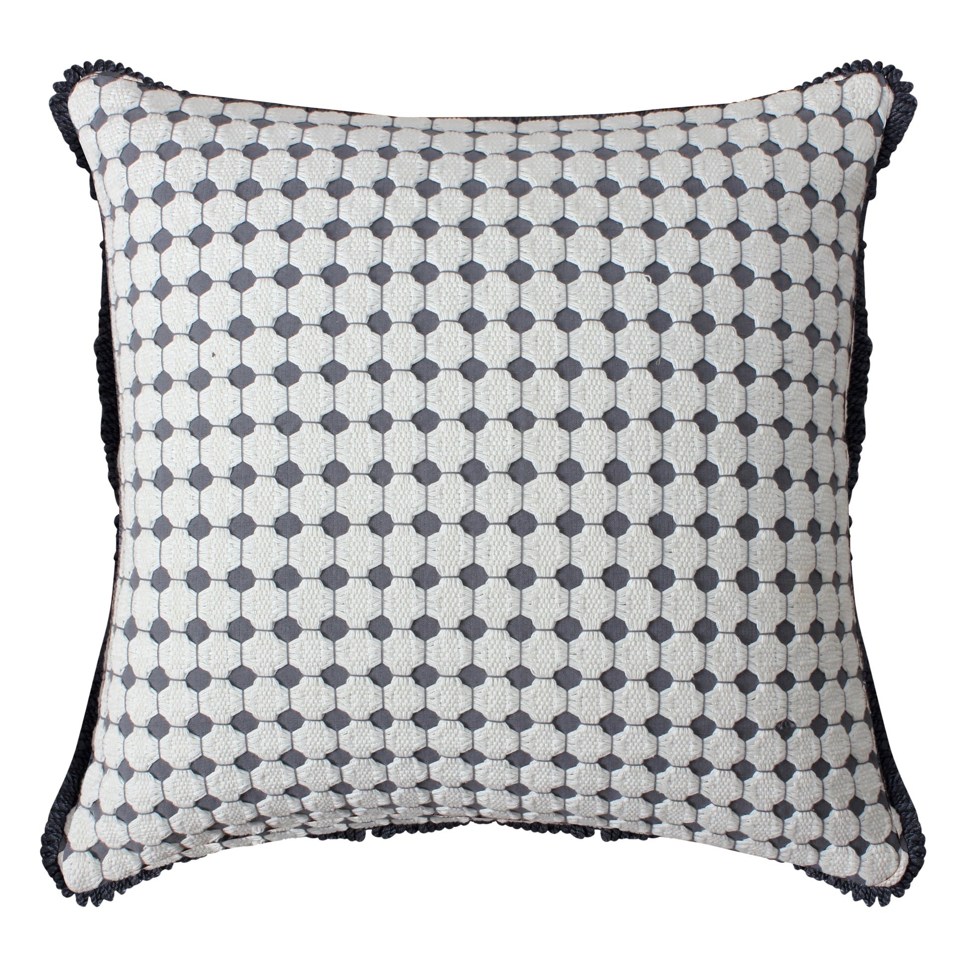 18 X 18 Handcrafted Square Cotton Accent Throw Pillow, Woven, Dotted Tile Design, White, Gray White Cotton