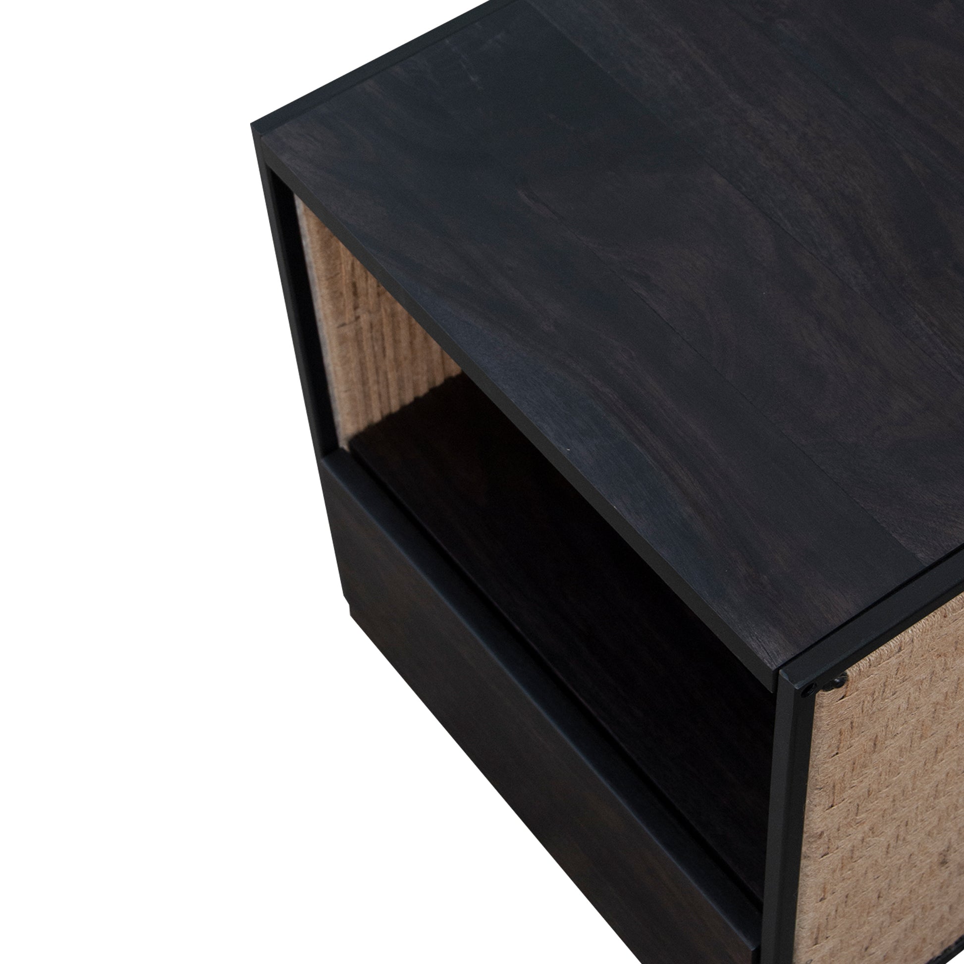 21 Inch Handcrafted Acacia Wood Side Table Nightstand, Woven Jute Side Panels, Brown, Black Black Solid Wood