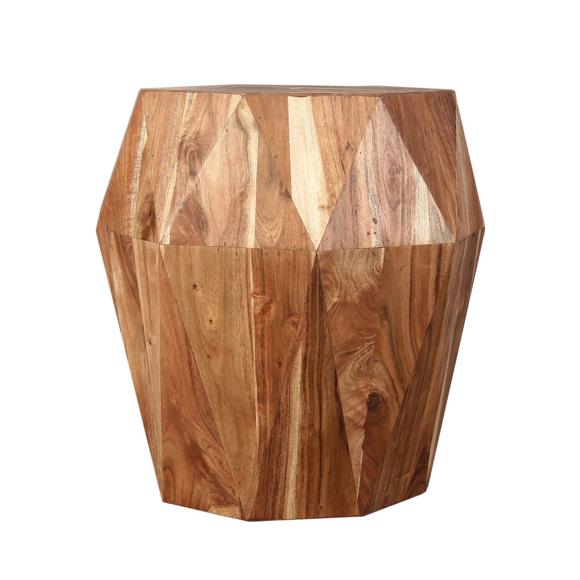 Bon 22 Inch Artisanal End Side Table, Multifaceted Solid Acacia Wood, Octagon Top, Natural Brown Brown Solid Wood