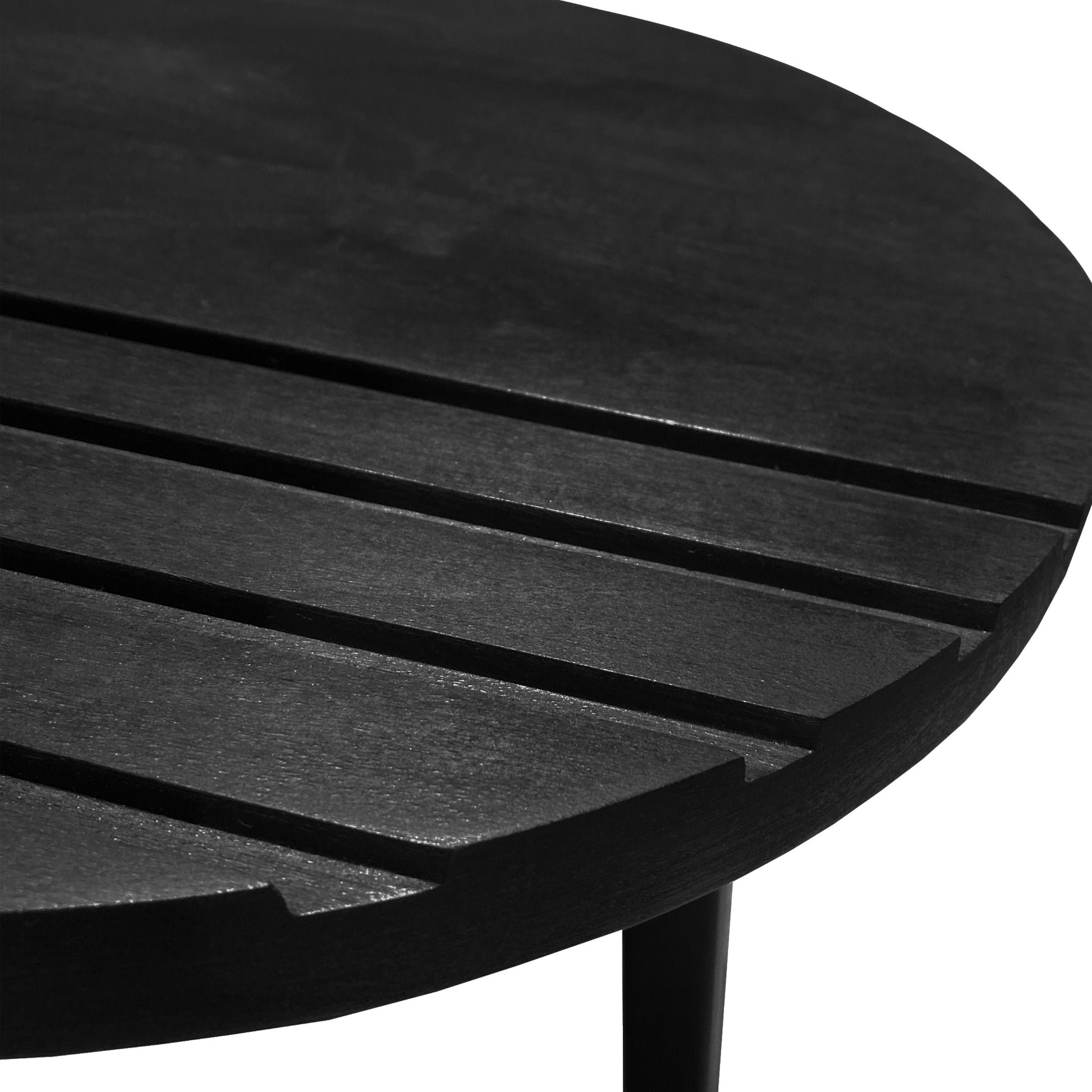 18 Inch Round Mango Wood Side End Table, Grooved Design, Metal Legs, Black Black Solid Wood