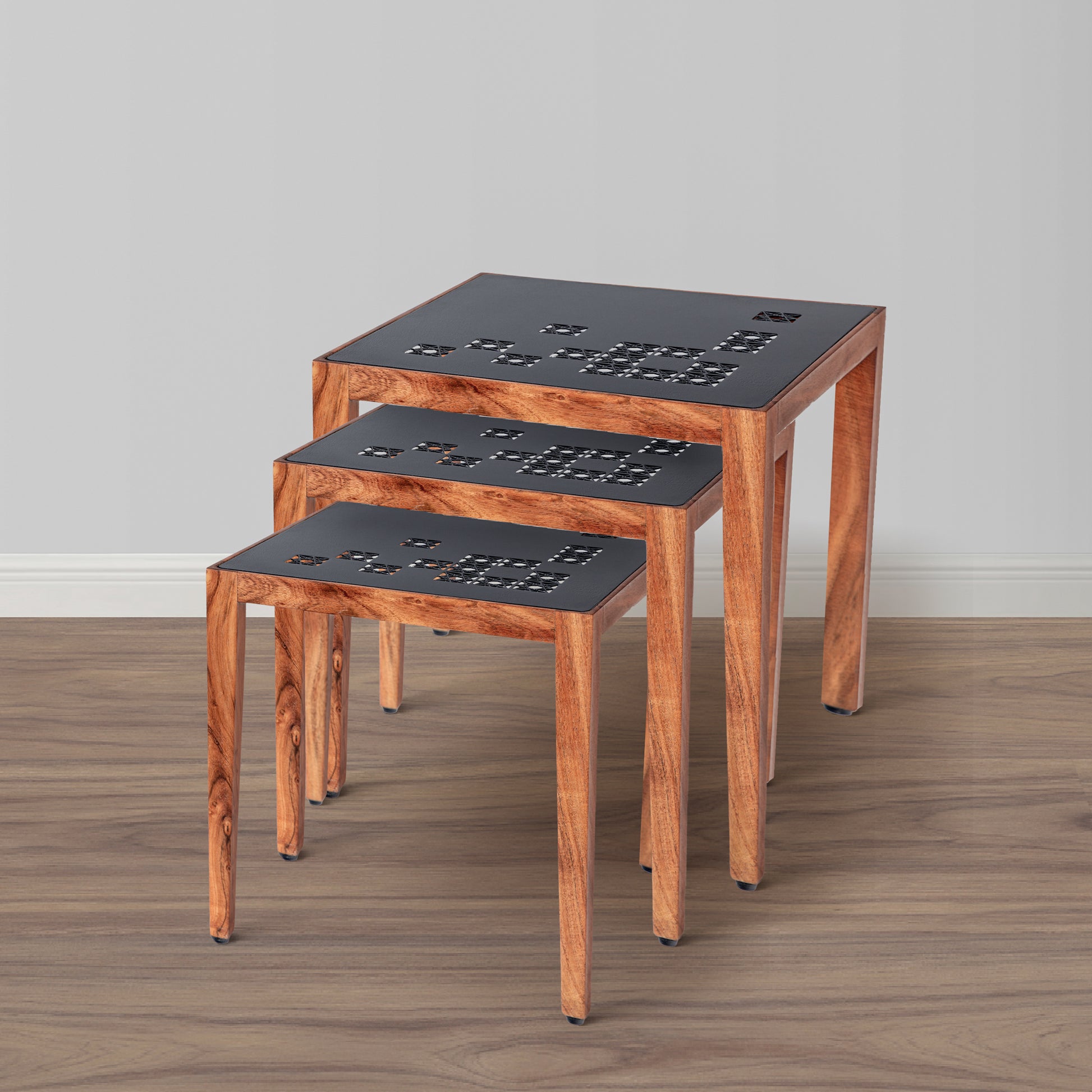 Alba 22 Inch 3 Piece Nesting Table Set, Laser Cut Metal, Black, Brown Black Solid Wood